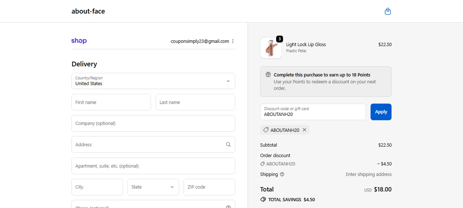 about-face promo code screenshot showing code ABOUTANH20 applied at about-face checkout page. Uploaded by SimplyCodes community member IsabellaMillan on Sep 20, 2025