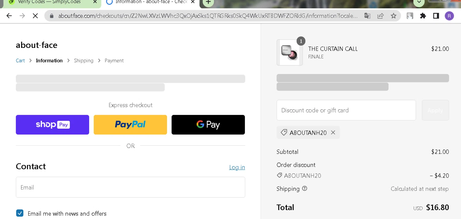 about-face promo code screenshot showing code ABOUTANH20 applied at about-face checkout page. Uploaded by SimplyCodes community member CleverCurator1263 on Feb 3, 2025