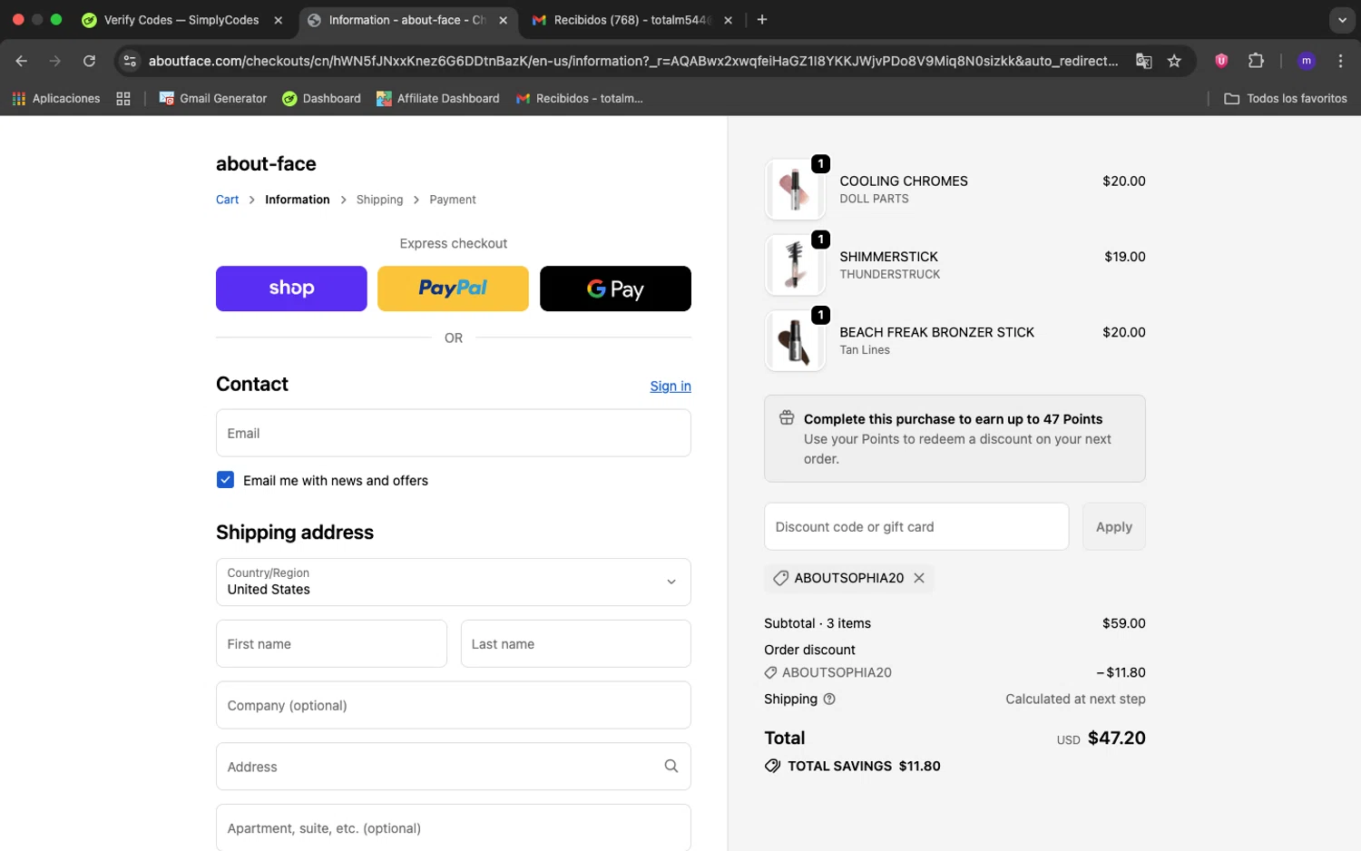about-face promo code screenshot showing code ABOUTSOPHIA20 applied at about-face checkout page. Uploaded by SimplyCodes community member 1234ely on Nov 24, 2025