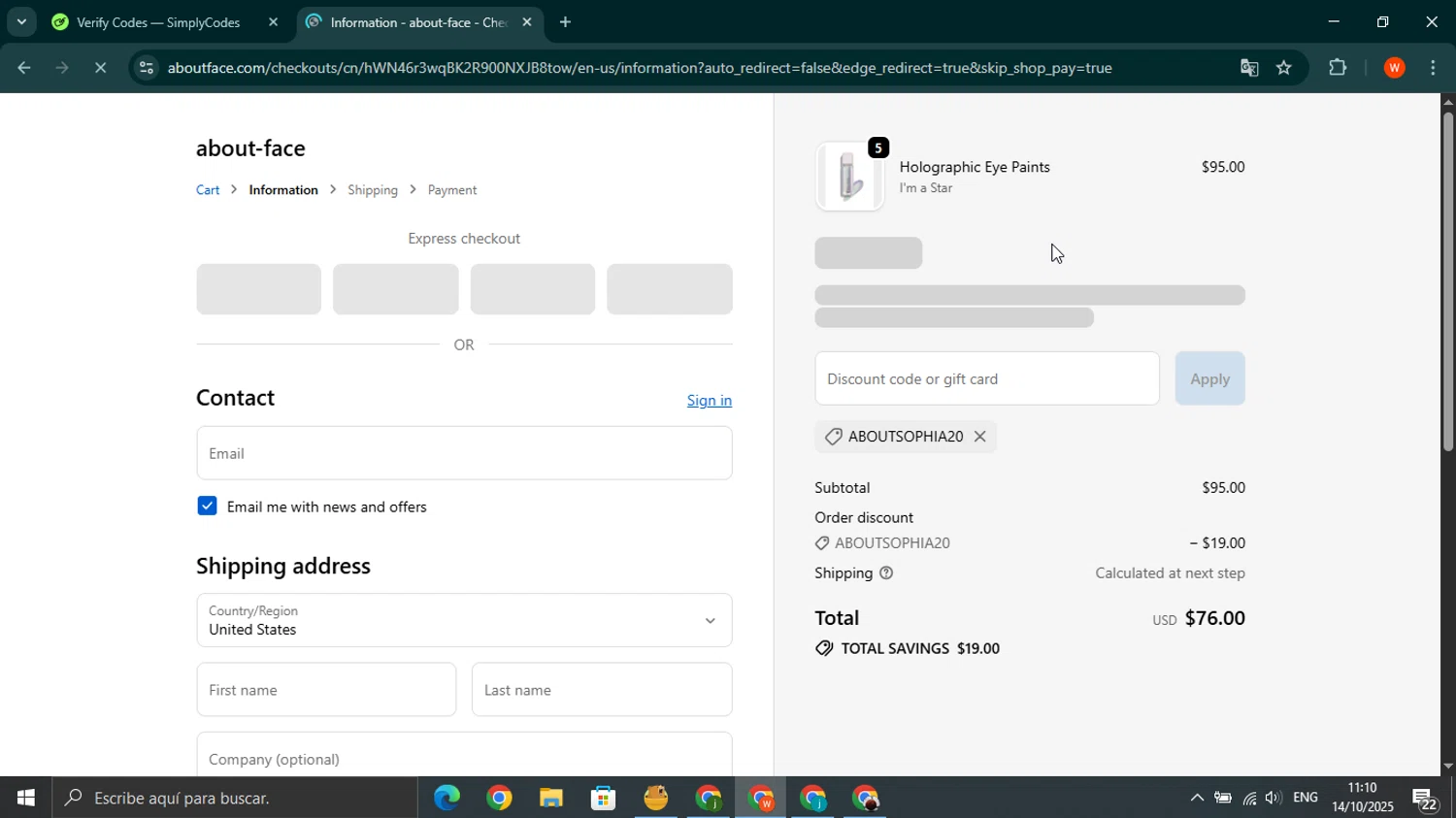 about-face promo code screenshot showing code ABOUTSOPHIA20 applied at about-face checkout page. Uploaded by SimplyCodes community member wilferji on Oct 14, 2025