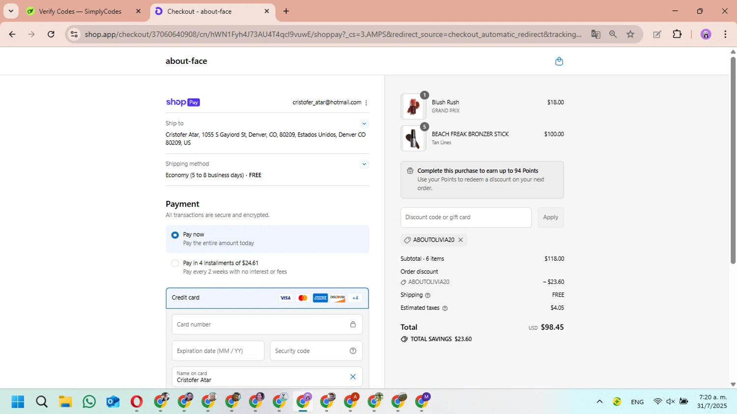 about-face promo code screenshot showing code ABOUTOLIVIA20 applied at about-face checkout page. Uploaded by SimplyCodes community member MariAPB on Jul 31, 2025