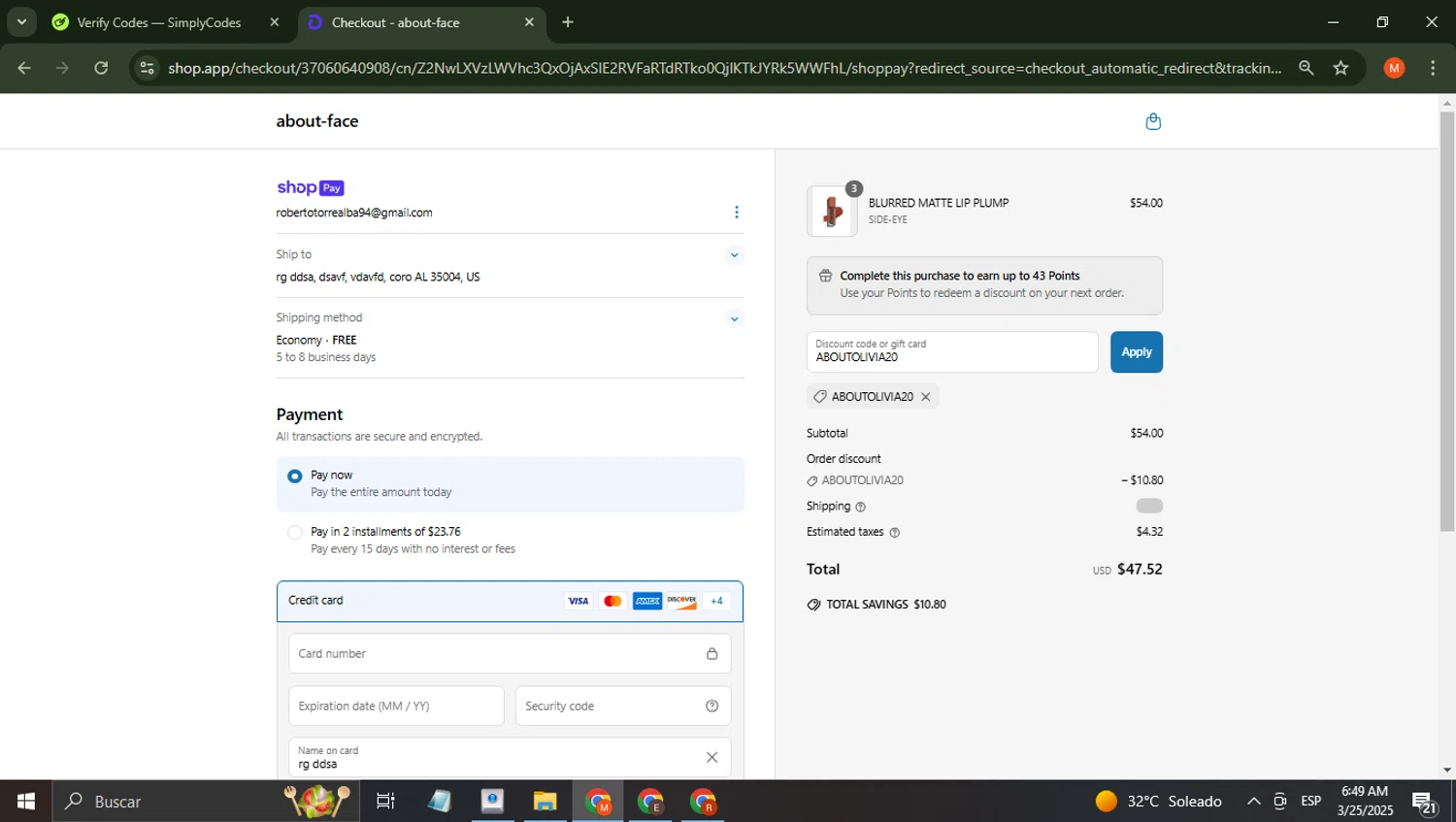 about-face promo code screenshot showing code ABOUTOLIVIA20 applied at about-face checkout page. Uploaded by SimplyCodes community member BrilliantTiger6187 on Mar 25, 2025