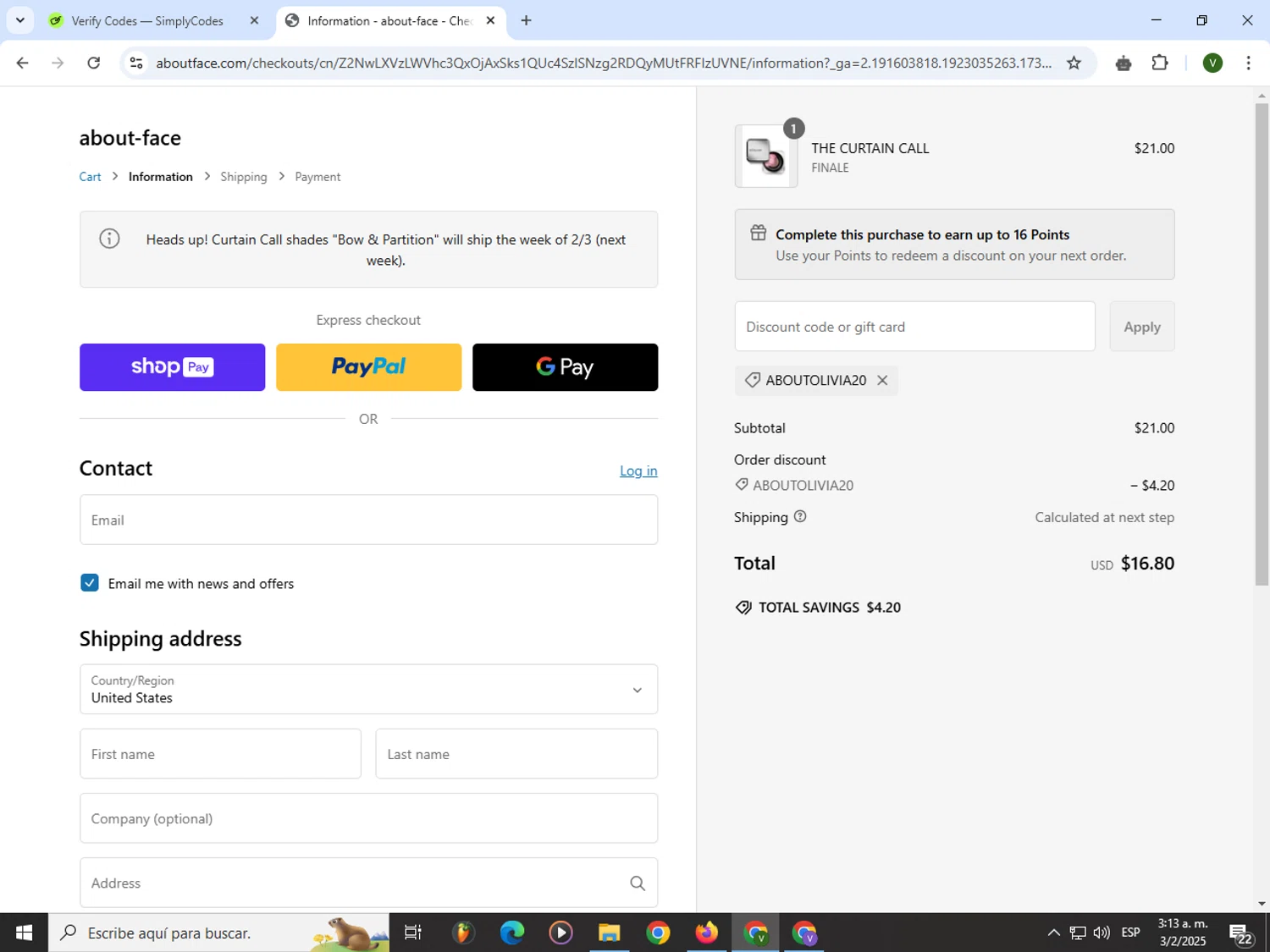 about-face promo code screenshot showing code ABOUTOLIVIA20 applied at about-face checkout page. Uploaded by SimplyCodes community member PrimeWizard4168 on Feb 3, 2025
