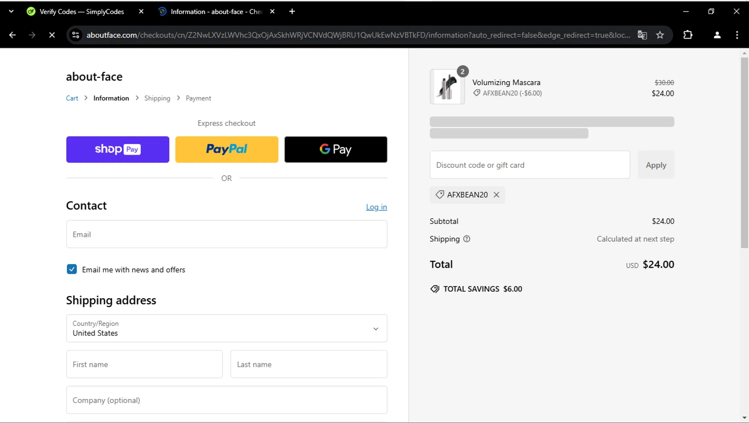 about-face promo code screenshot showing code AFXBEAN20 applied at about-face checkout page. Uploaded by SimplyCodes community member feliutorres on Jan 18, 2025