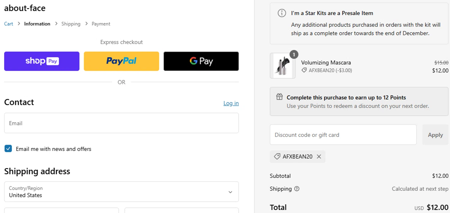 about-face promo code screenshot showing code AFXBEAN20 applied at about-face checkout page. Uploaded by SimplyCodes community member GloriousCollector9521 on Jan 13, 2025