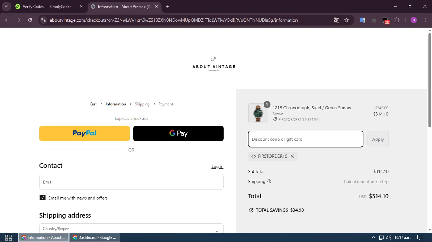 About Vintage promo code screenshot showing code FIRSTORDER10 applied at About Vintage checkout page. Uploaded by SimplyCodes community member RewardHero5435 on Mar 10, 2025