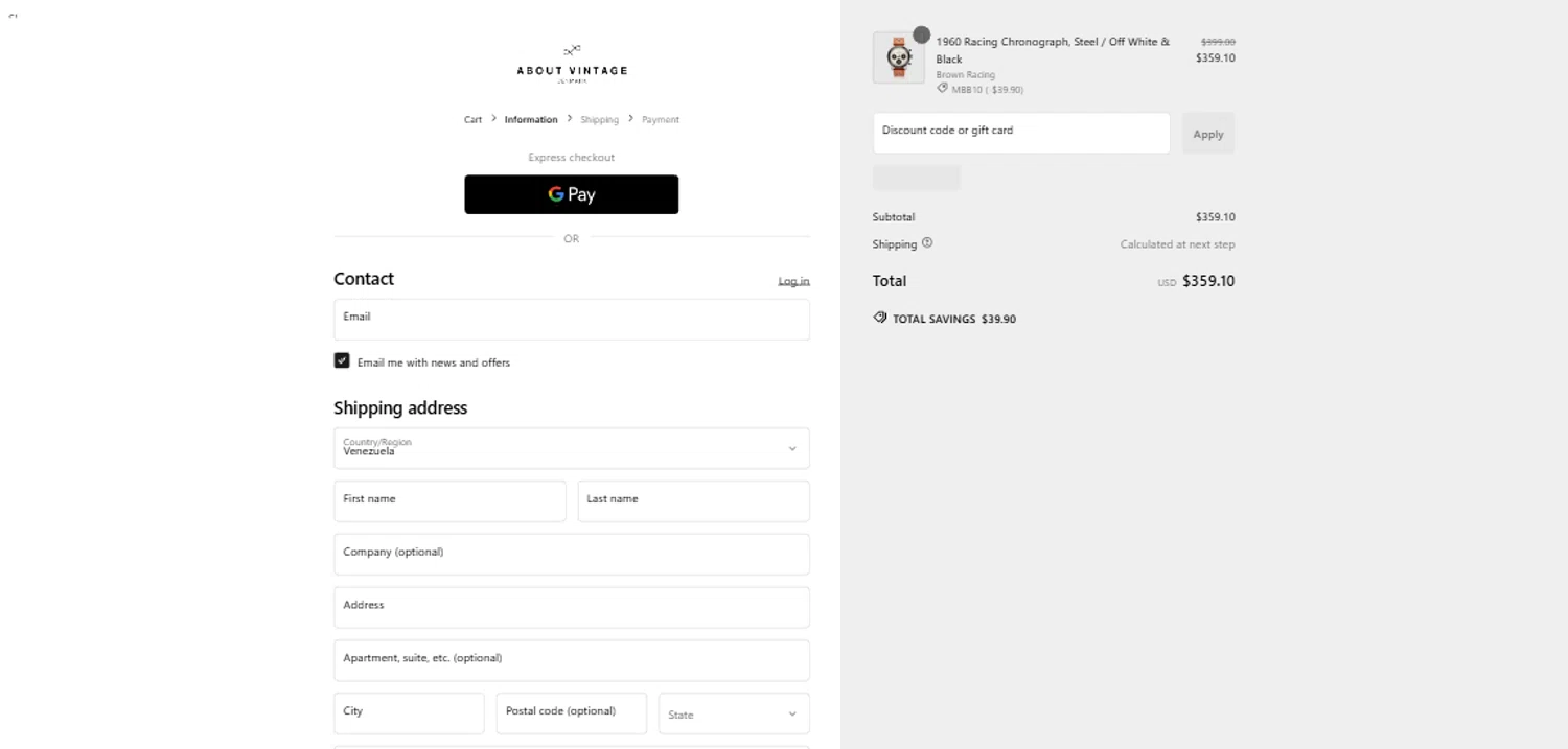 About Vintage promo code screenshot showing code MBB10 applied at About Vintage checkout page. Uploaded by SimplyCodes community member PennyRanger8219 on Jan 6, 2025