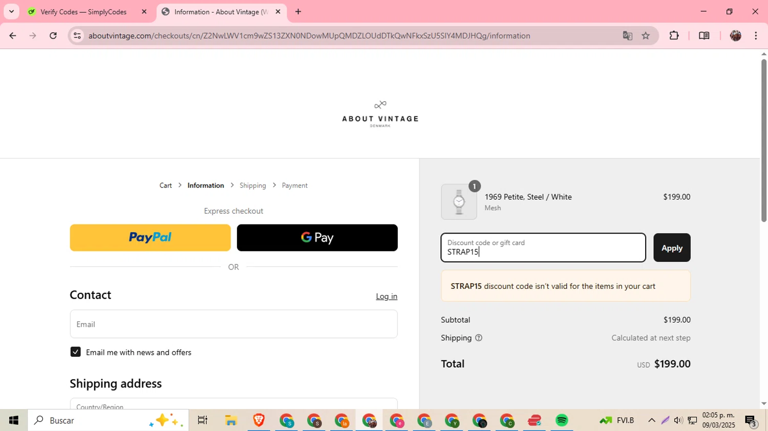 About Vintage promo code screenshot showing code STRAP15 applied at About Vintage checkout page. Uploaded by SimplyCodes community member BargainExpert9390 on Mar 10, 2025