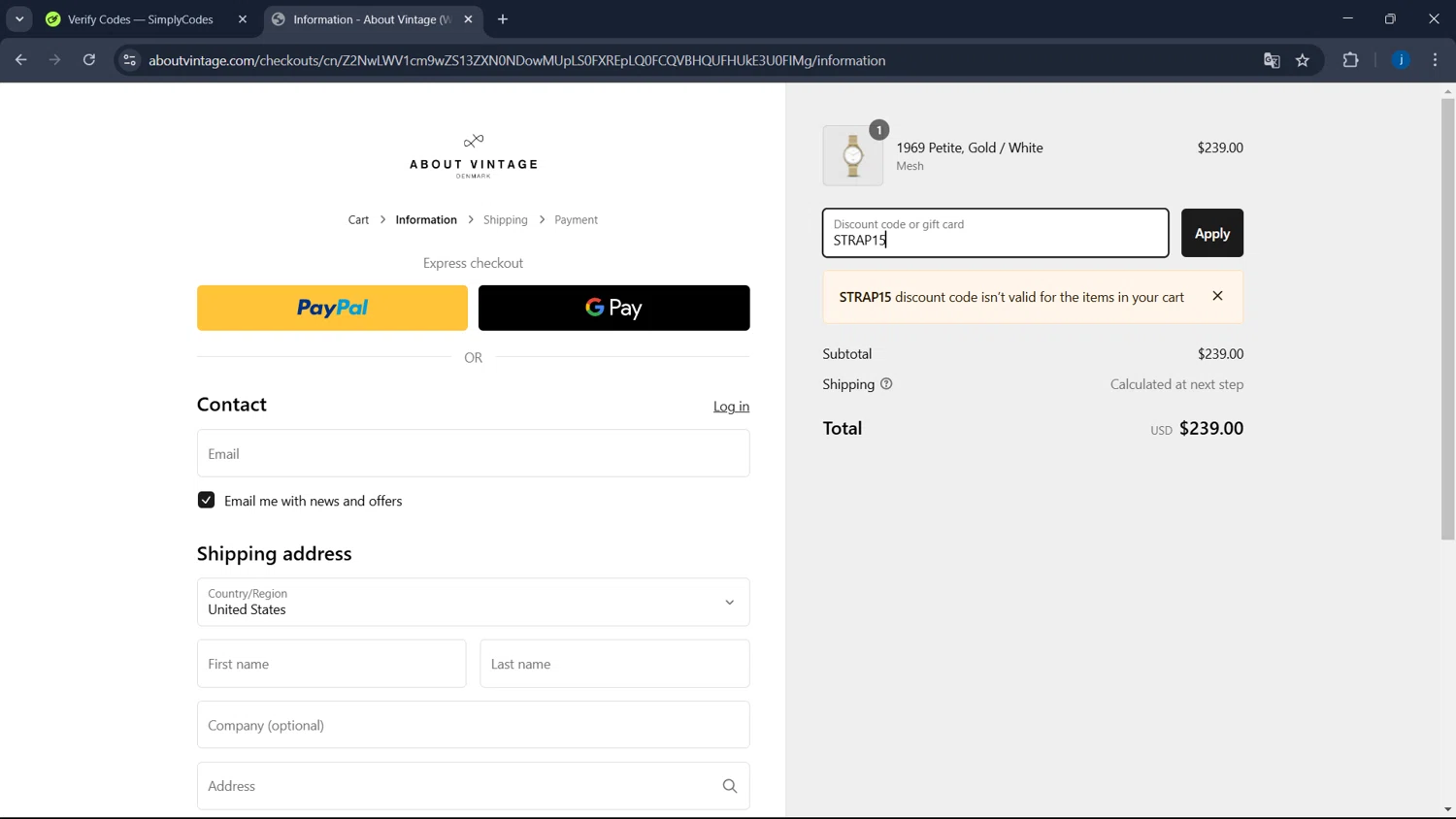 About Vintage promo code screenshot showing code STRAP15 applied at About Vintage checkout page. Uploaded by SimplyCodes community member CodeSaver4373 on Feb 8, 2025