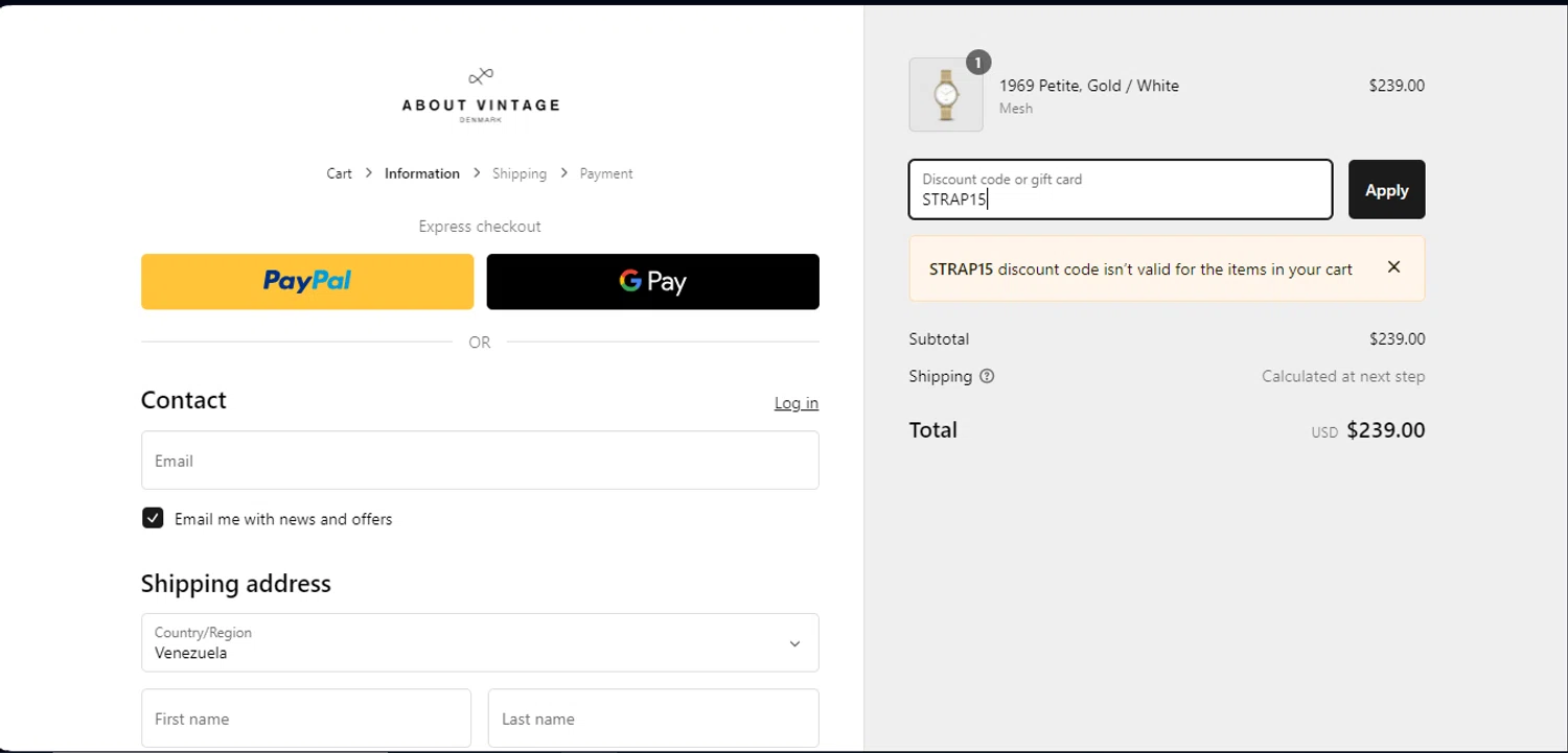 About Vintage promo code screenshot showing code STRAP15 applied at About Vintage checkout page. Uploaded by SimplyCodes community member juanisaac on Feb 8, 2025