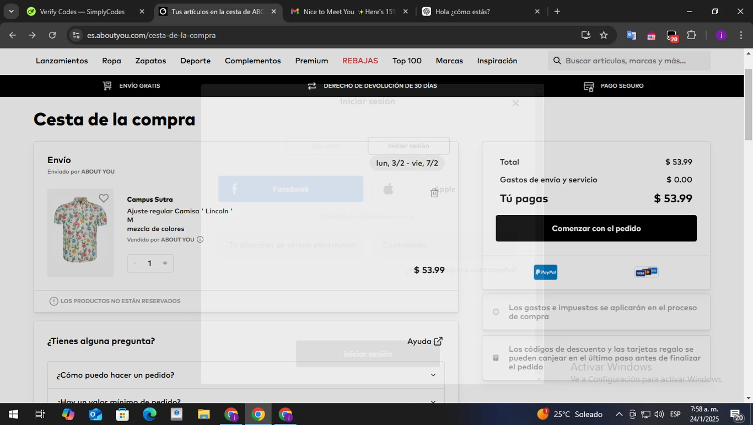 ABOUT YOU discount code screenshot showing code WELCOME applied at ABOUT YOU checkout page. Uploaded by SimplyCodes community member perry1 on Jan 24, 2025