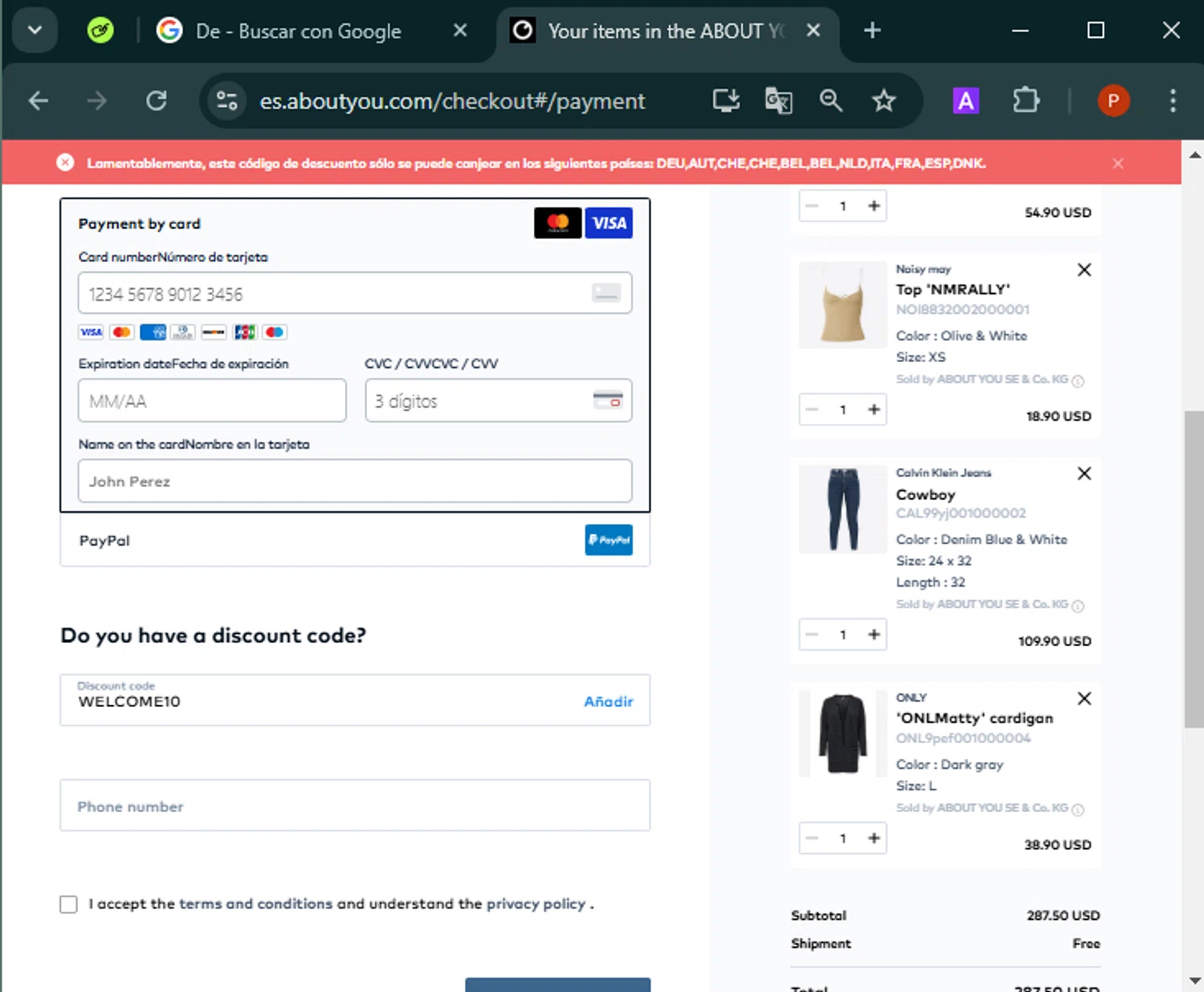ABOUT YOU checkout page showing ABOUT YOU discount code box | Screenshot taken by SimplyCodes community member on Jan 14, 2025