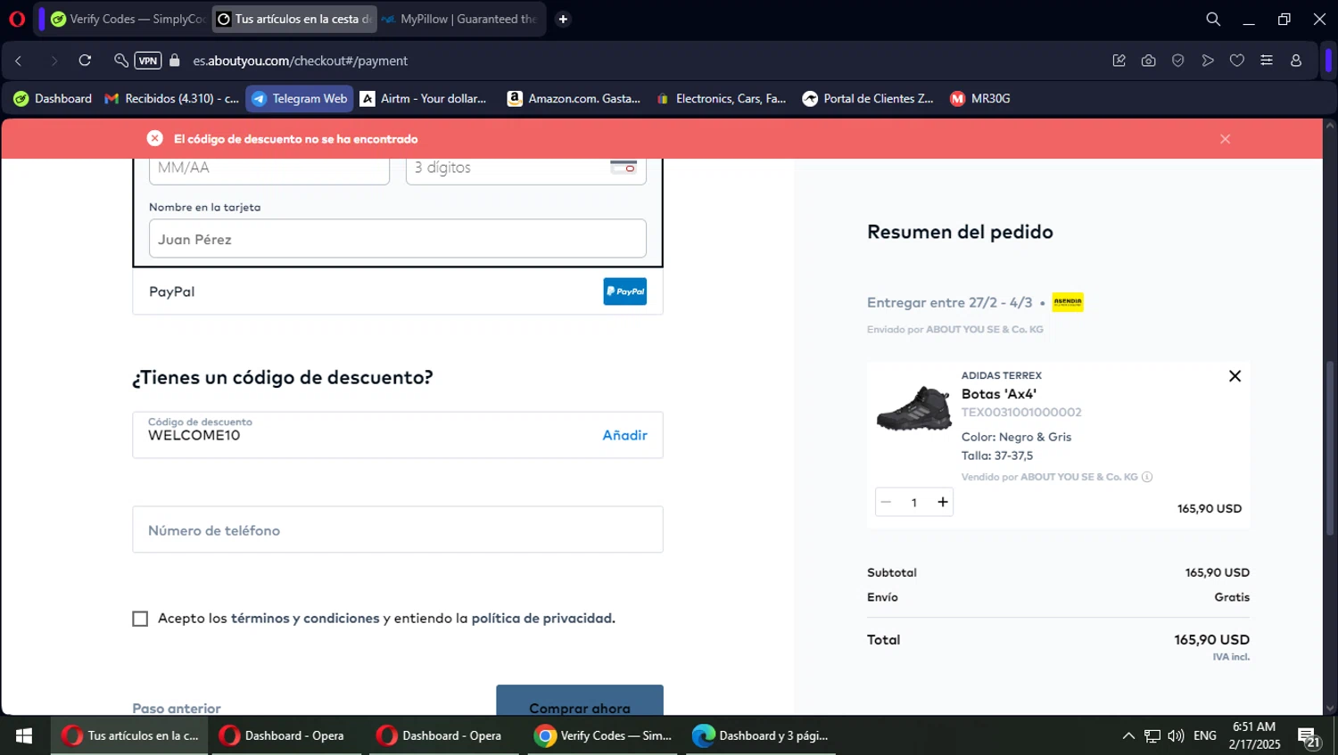 ABOUT YOU discount code screenshot showing code WELCOME10 applied at ABOUT YOU checkout page. Uploaded by SimplyCodes community member PokeGOAT on Feb 17, 2025