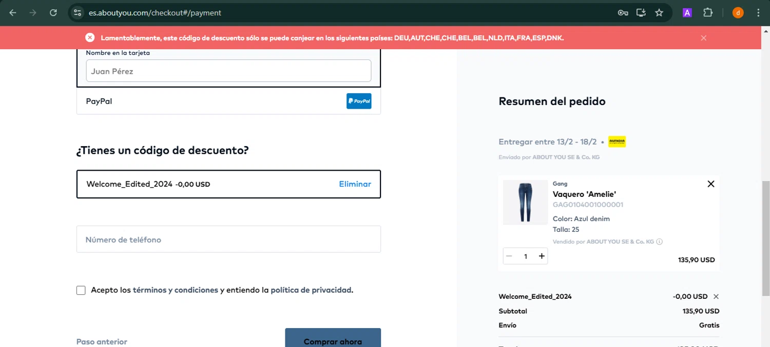 ABOUT YOU checkout page showing ABOUT YOU discount code box | Screenshot taken by SimplyCodes community member on Feb 2, 2025