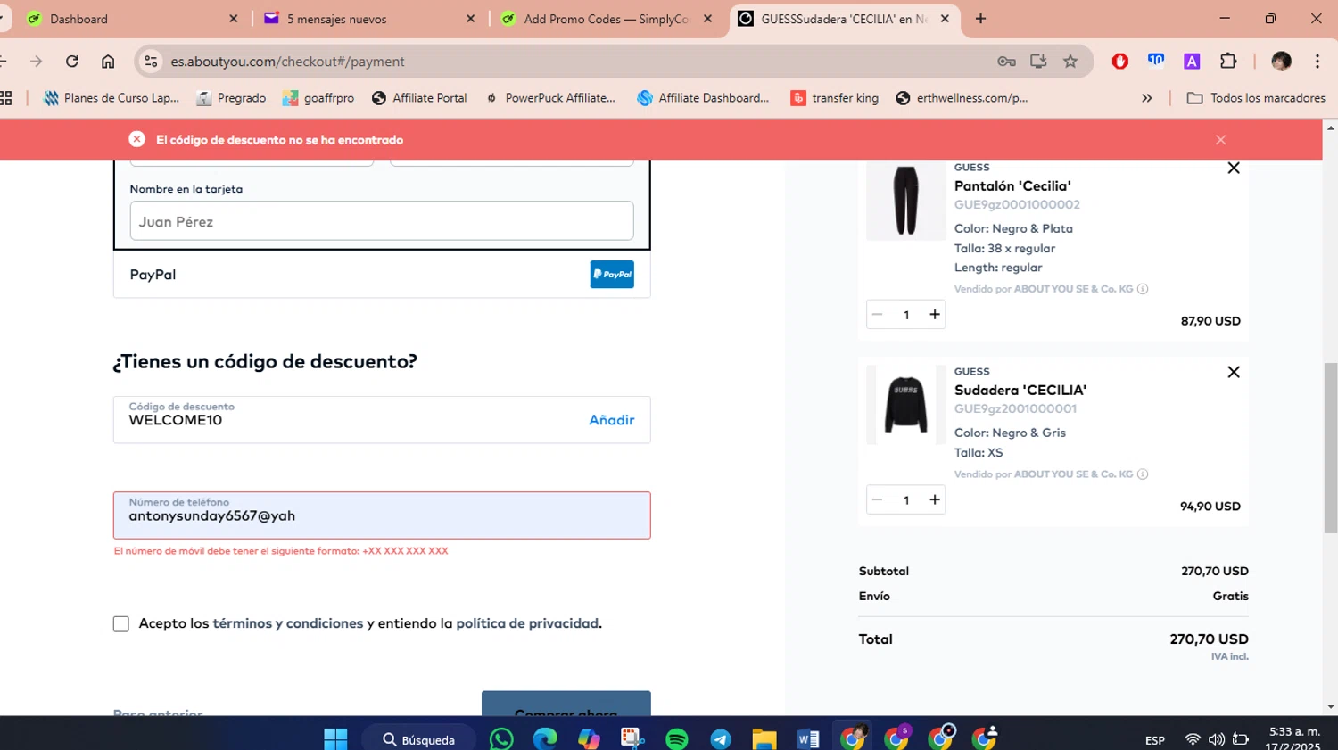 ABOUT YOU discount code screenshot showing code WELCOME10 applied at ABOUT YOU checkout page. Uploaded by SimplyCodes community member Weknd557 on Feb 17, 2025