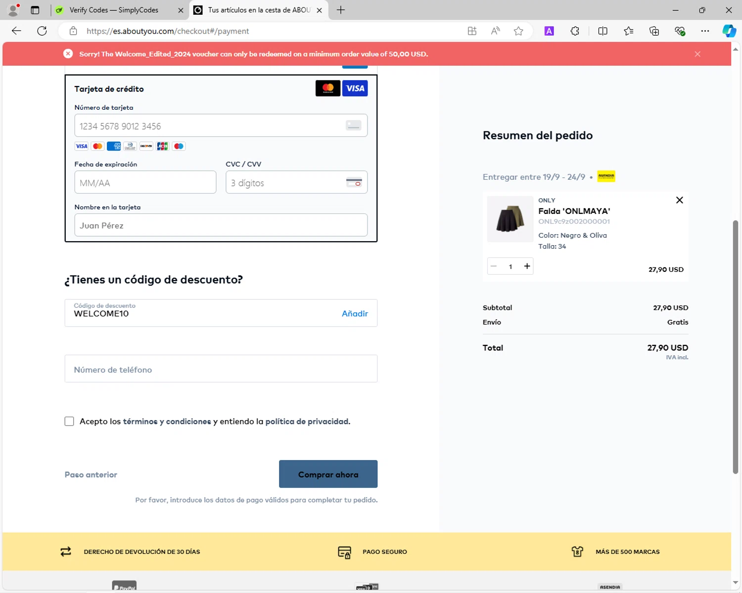 ABOUT YOU checkout page showing ABOUT YOU discount code box | Screenshot taken by SimplyCodes community member on Sep 9, 2024