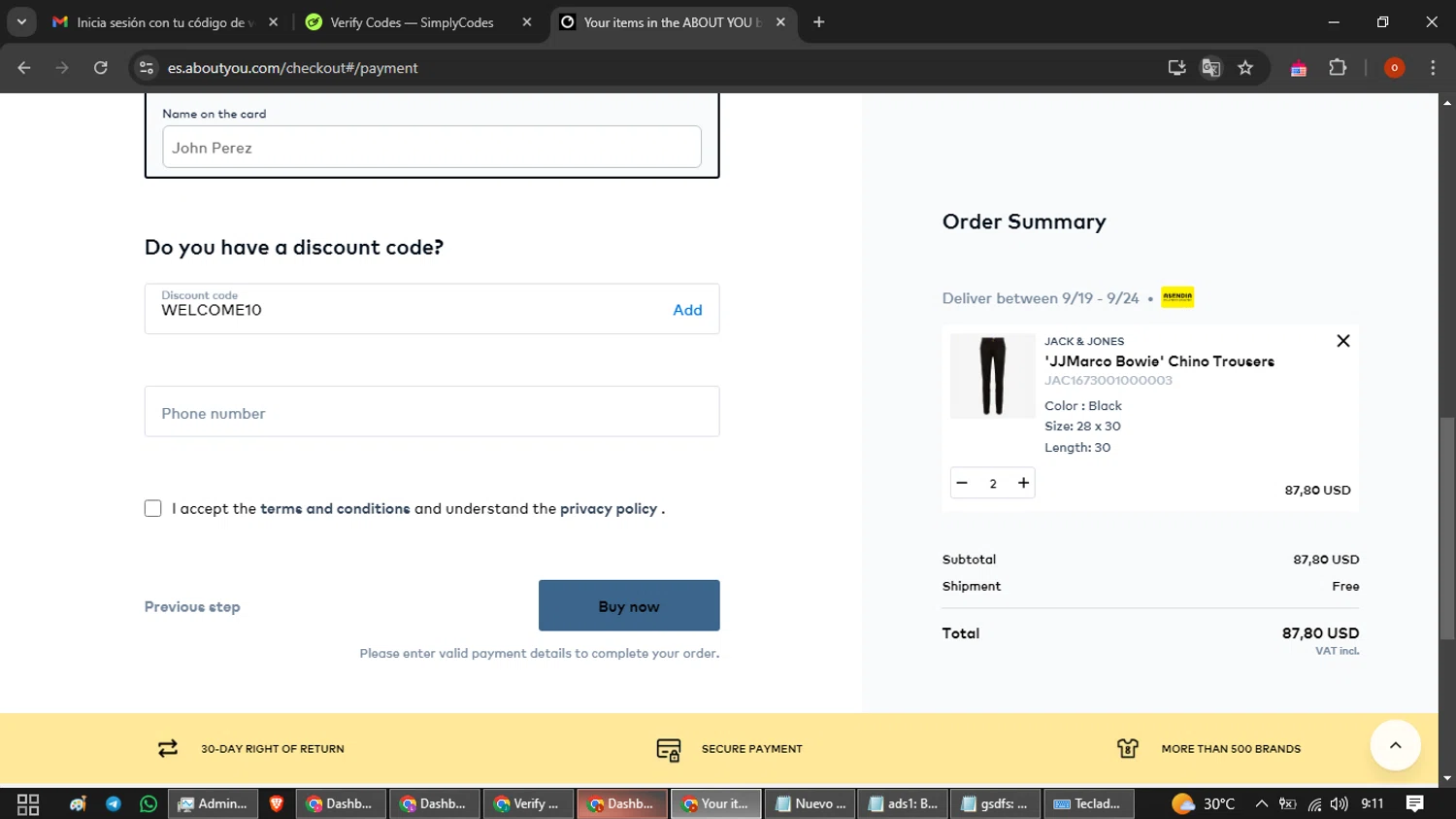 ABOUT YOU checkout page showing ABOUT YOU discount code box | Screenshot taken by SimplyCodes community member on Sep 9, 2024