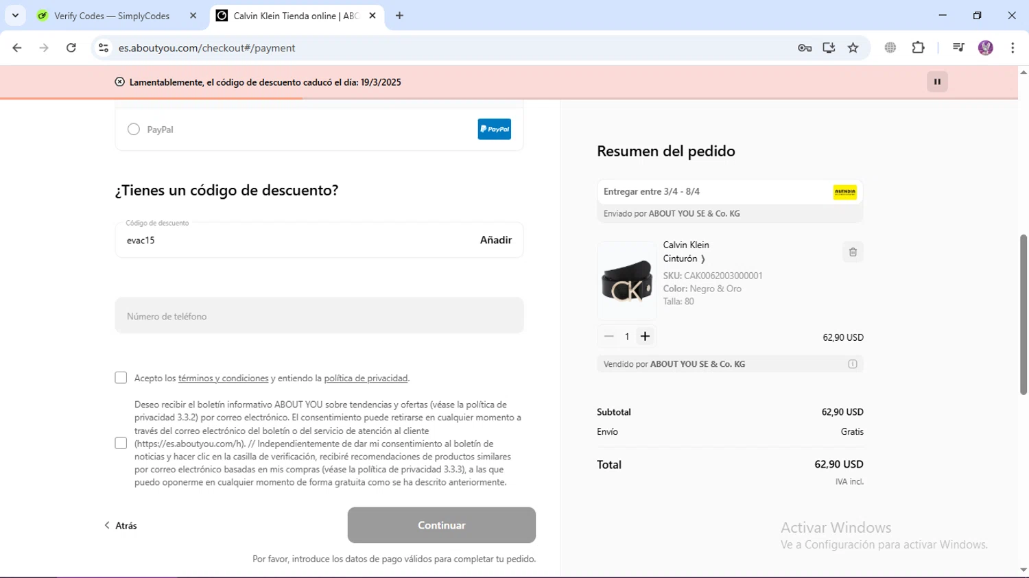 ABOUT YOU discount code screenshot showing code evac15 applied at ABOUT YOU checkout page. Uploaded by SimplyCodes community member LassoReyes on Mar 24, 2025