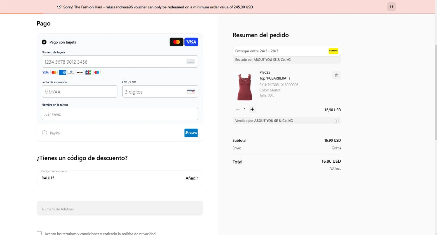 ABOUT YOU discount code screenshot showing code RALU15 applied at ABOUT YOU checkout page. Uploaded by SimplyCodes community member CouponHero3179 on Mar 12, 2025