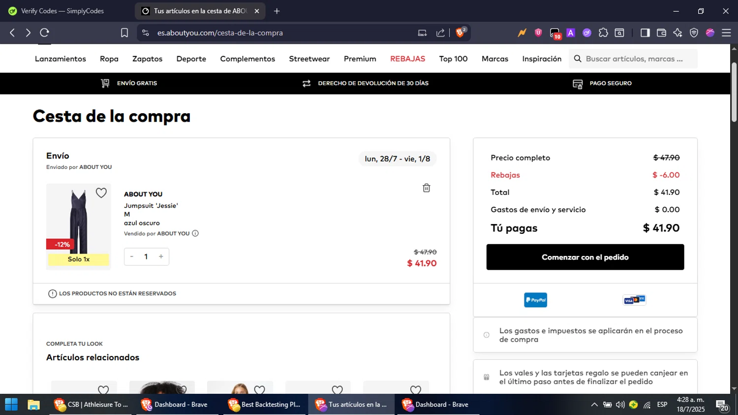 ABOUT YOU discount code screenshot showing code 57DE0973 applied at ABOUT YOU checkout page. Uploaded by SimplyCodes community member NobleFox488 on Jul 18, 2025