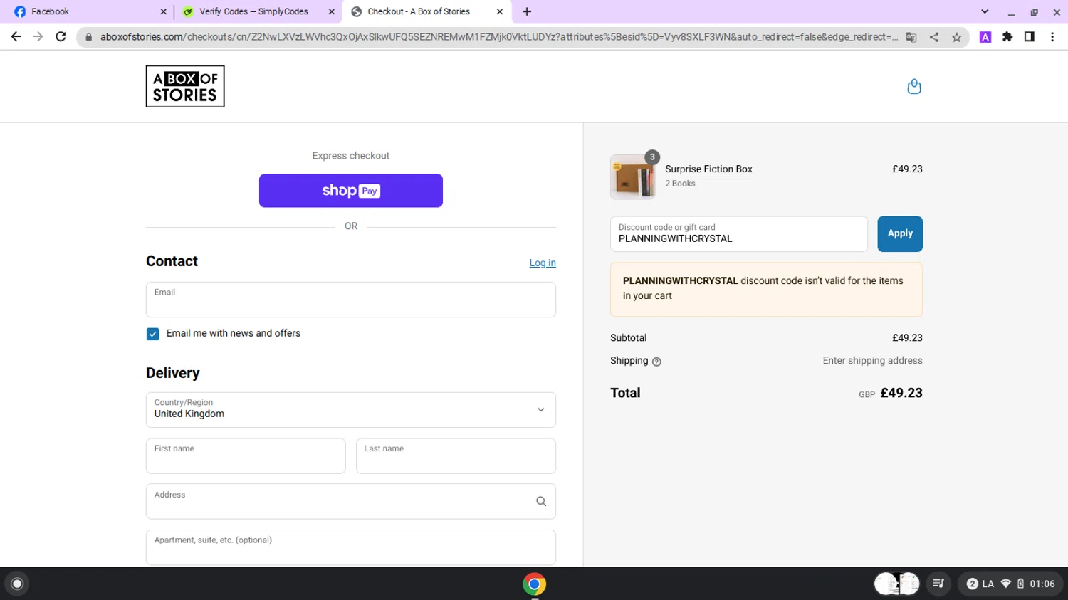 A Box of Stories discount code screenshot showing code PLANNINGWITHCRYSTAL applied at A Box of Stories checkout page. Uploaded by SimplyCodes community member lapampita on Jun 18, 2025