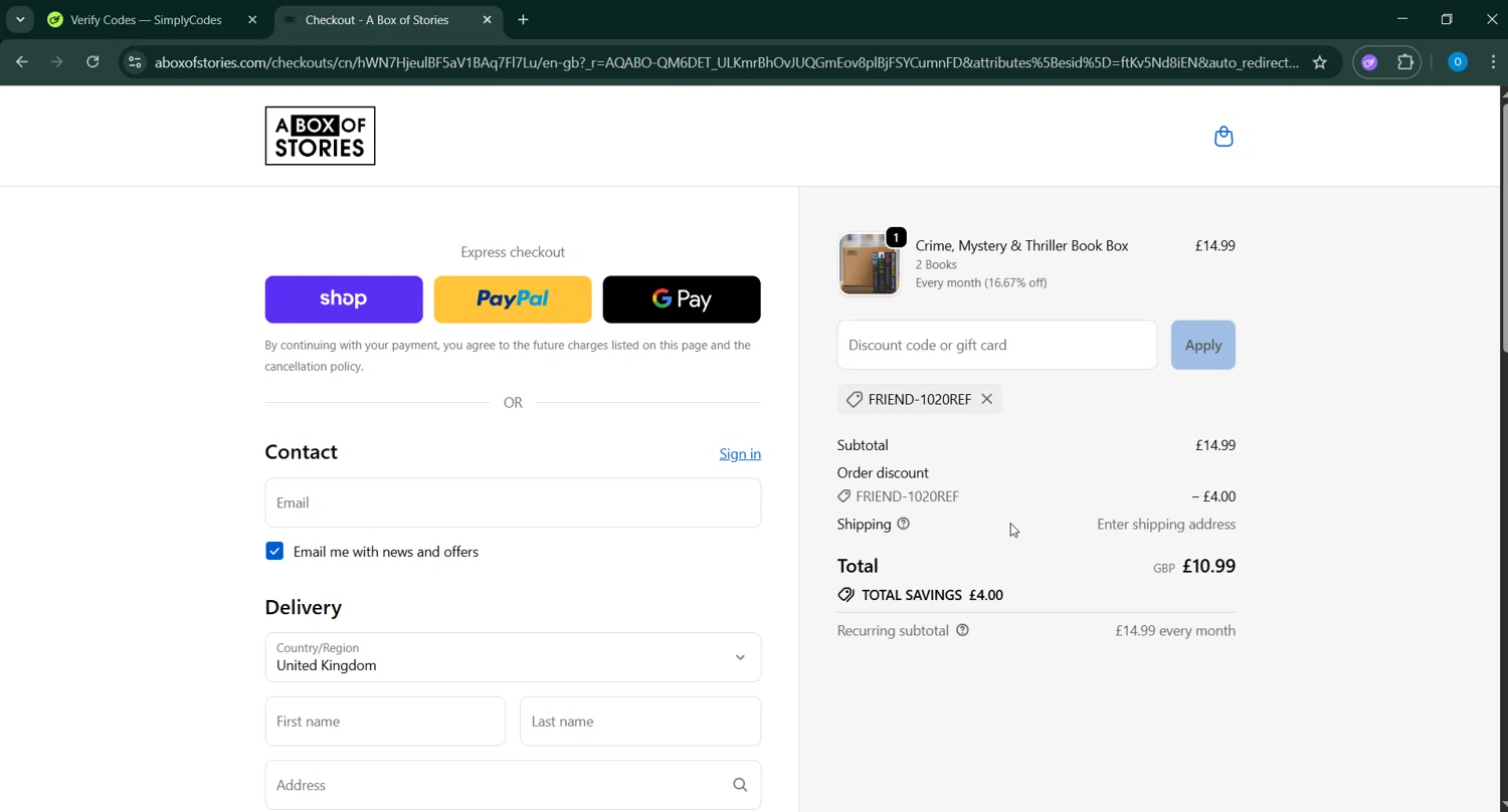 A Box of Stories discount code screenshot showing code FRIEND-1020REF applied at A Box of Stories checkout page. Uploaded by SimplyCodes community member _____________ on Jan 6, 2026