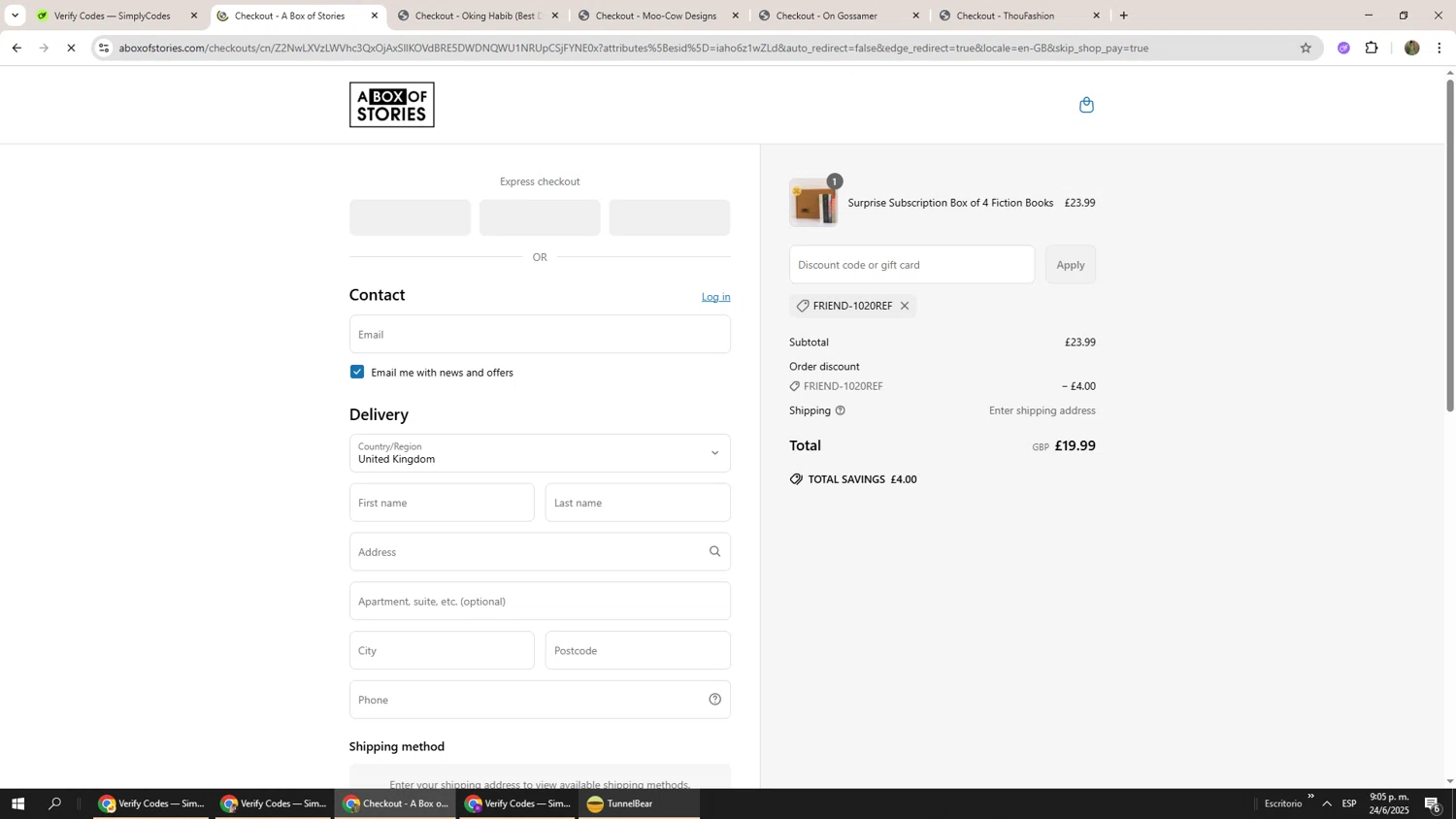 A Box of Stories discount code screenshot showing code FRIEND-1020REF applied at A Box of Stories checkout page. Uploaded by SimplyCodes community member Phoenix585 on Jun 25, 2025