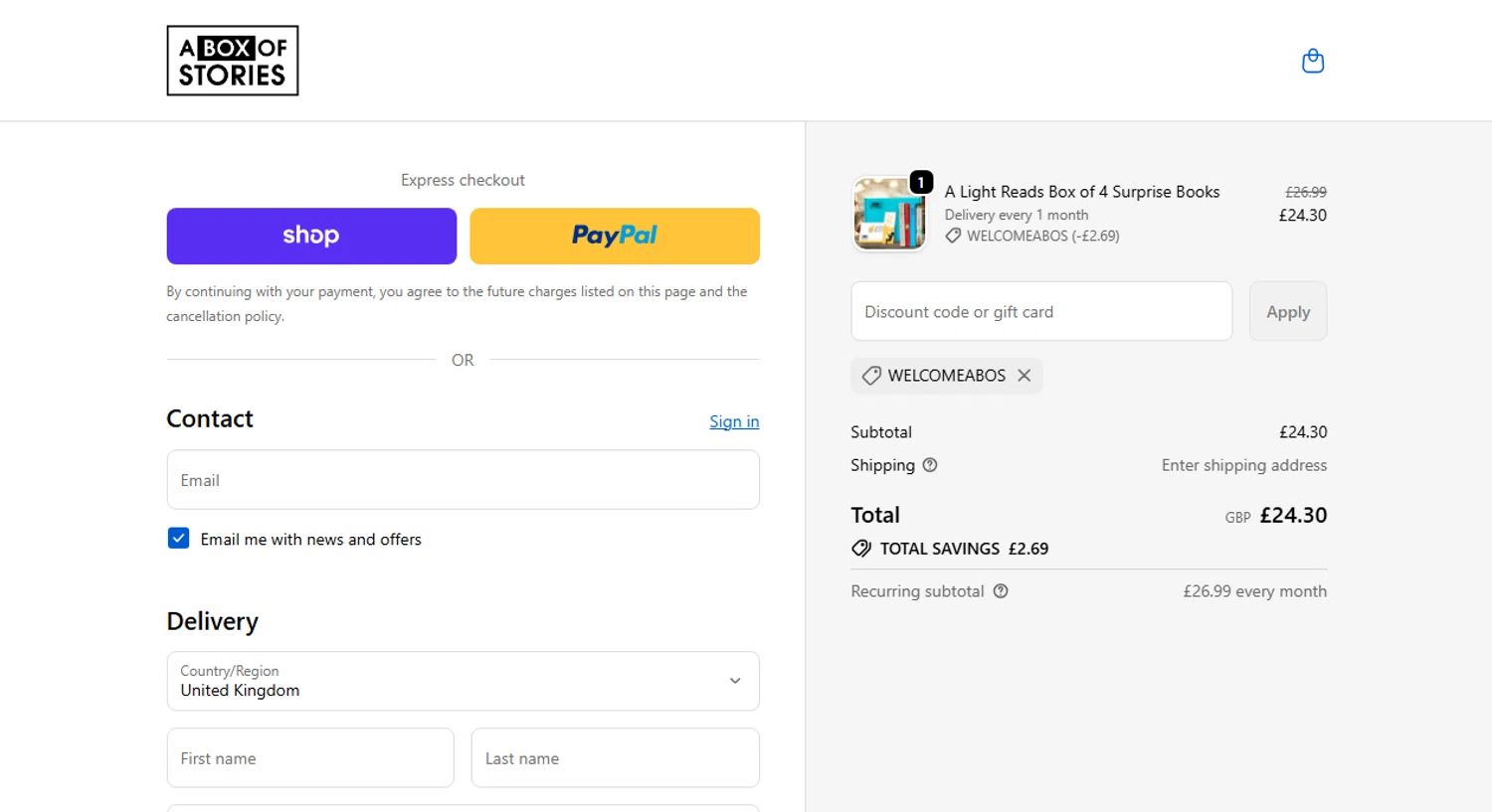 A Box of Stories discount code screenshot showing code WELCOMEABOS applied at A Box of Stories checkout page. Uploaded by SimplyCodes community member Eliaslpz on Nov 28, 2025
