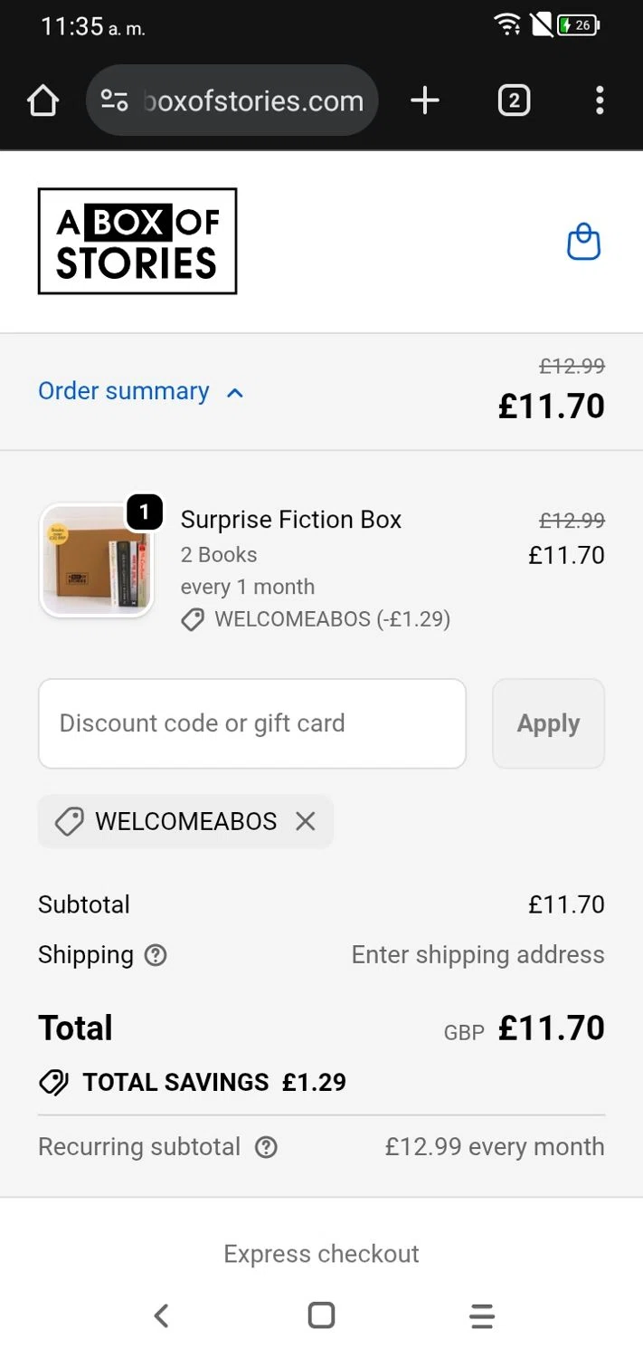 A Box of Stories discount code screenshot showing code WELCOMEABOS applied at A Box of Stories checkout page. Uploaded by SimplyCodes community member RoyalSpotter5217 on Nov 28, 2025