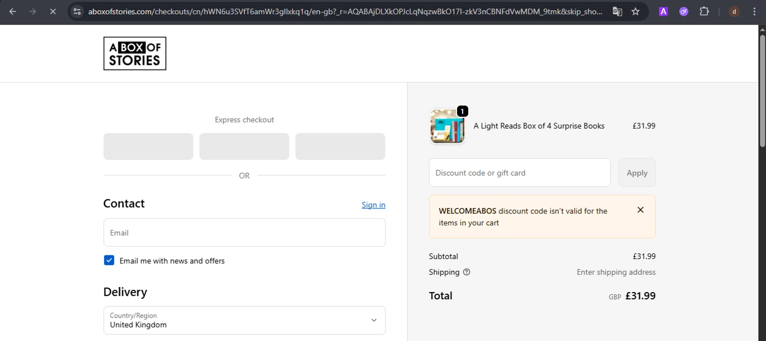 A Box of Stories discount code screenshot showing code WELCOMEABOS applied at A Box of Stories checkout page. Uploaded by SimplyCodes community member VoucherSpotter9376 on Dec 27, 2025