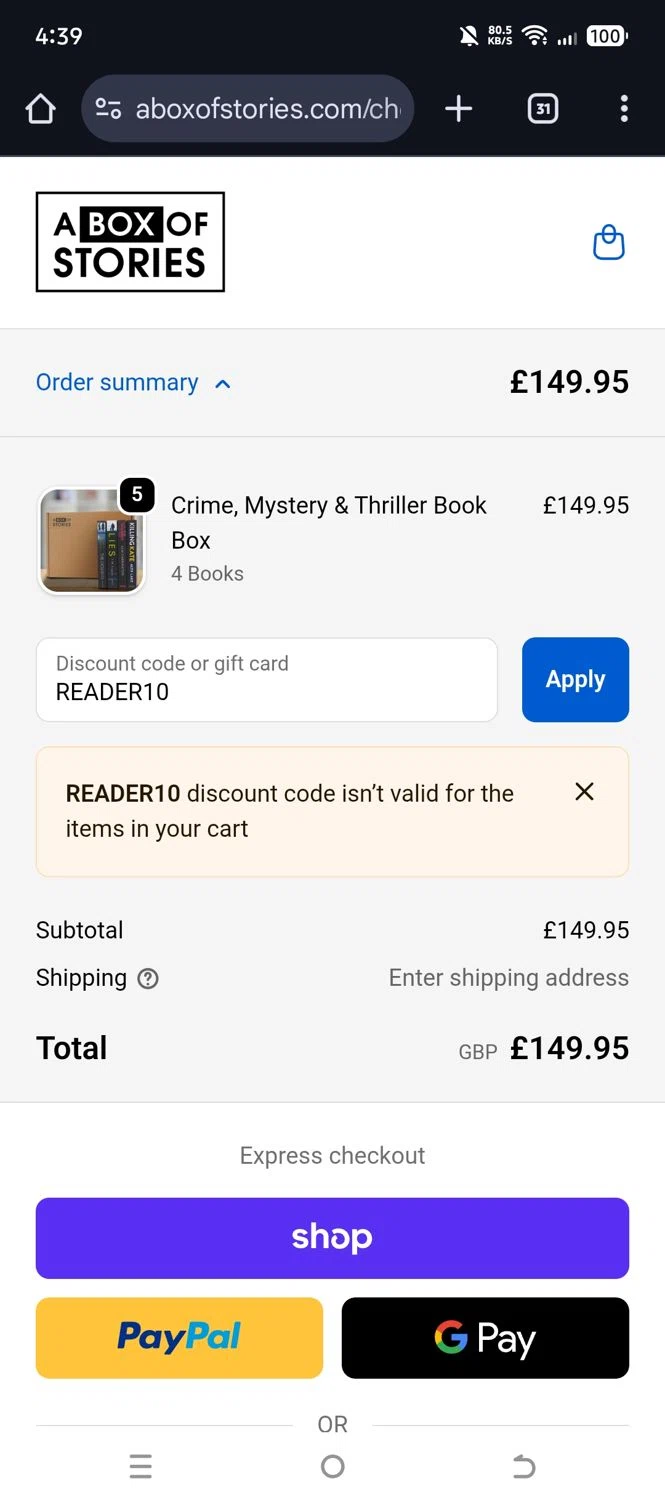 A Box of Stories discount code screenshot showing code READER10 applied at A Box of Stories checkout page. Uploaded by SimplyCodes community member 0000012354tdrfg on Oct 26, 2025