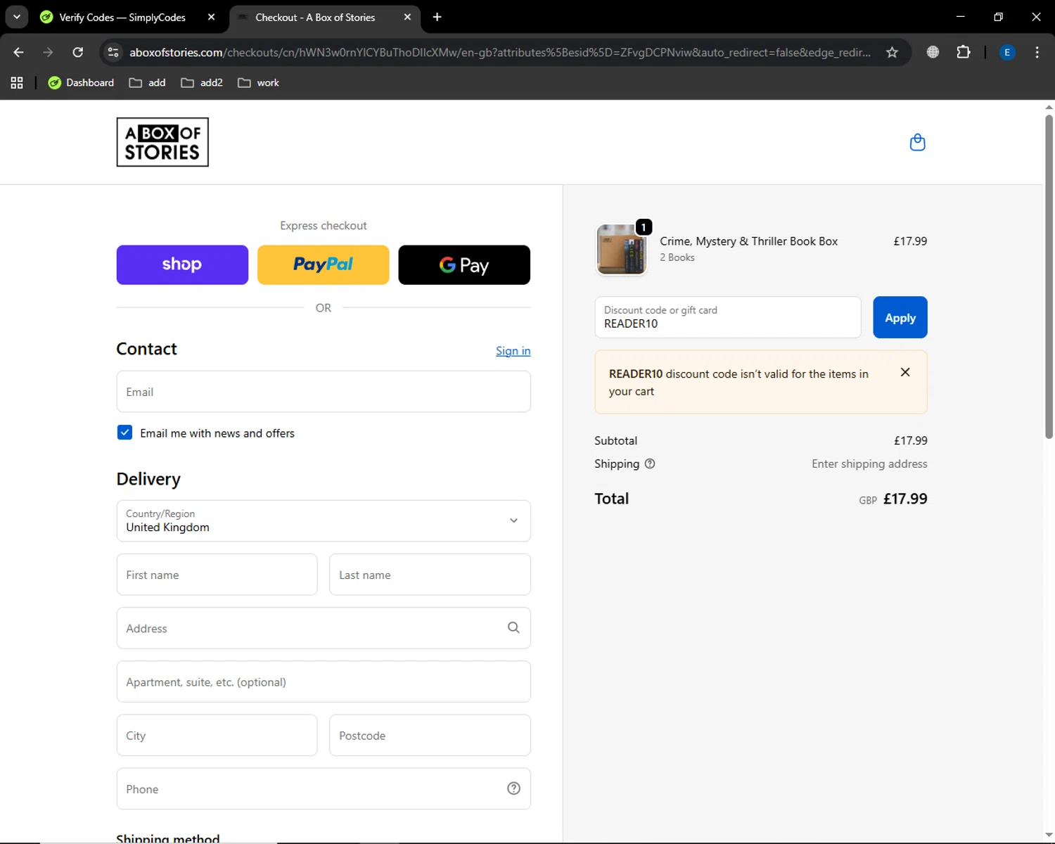 A Box of Stories discount code screenshot showing code READER10 applied at A Box of Stories checkout page. Uploaded by SimplyCodes community member GoldSaver5472 on Oct 10, 2025