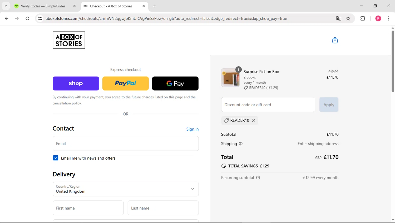 A Box of Stories discount code screenshot showing code READER10 applied at A Box of Stories checkout page. Uploaded by SimplyCodes community member TTTT55 on Sep 11, 2025