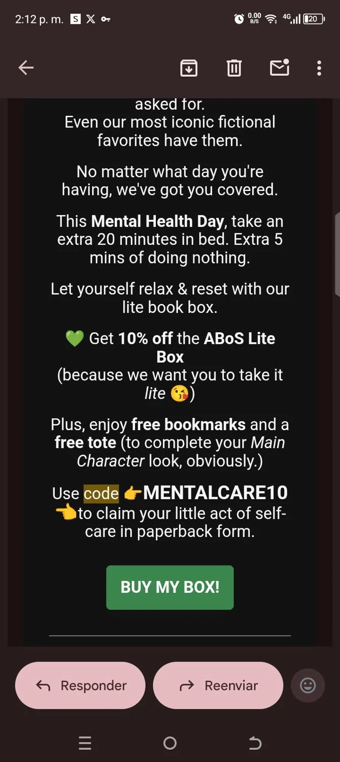 A Box of Stories discount code screenshot showing code MENTALCARE10 applied at A Box of Stories checkout page. Uploaded by SimplyCodes community member kellymoreno on Oct 10, 2025