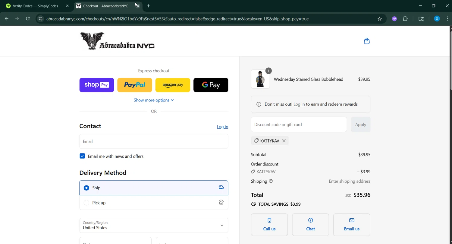 Abracadabra NYC discount code screenshot showing code KATTYKAV applied at Abracadabra NYC checkout page. Uploaded by SimplyCodes community member _____________ on Aug 27, 2025
