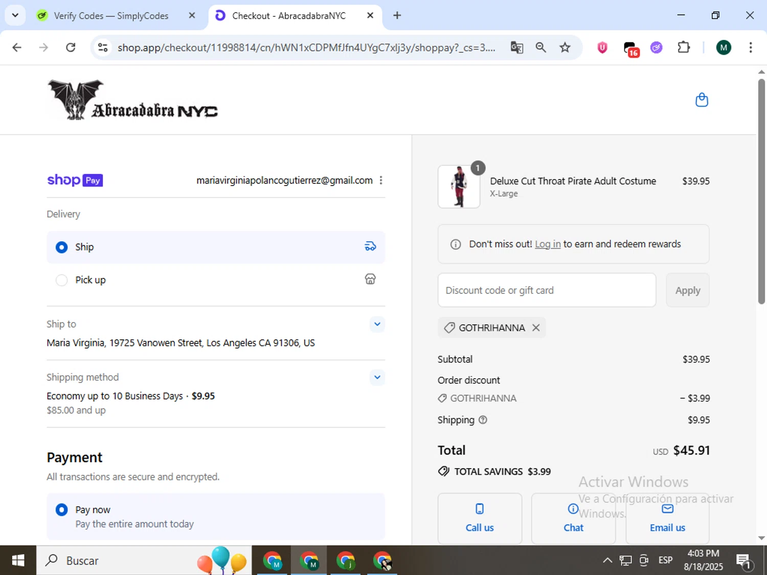 Abracadabra NYC discount code screenshot showing code GOTHRIHANNA applied at Abracadabra NYC checkout page. Uploaded by SimplyCodes community member Jorgeluisvera on Aug 18, 2025
