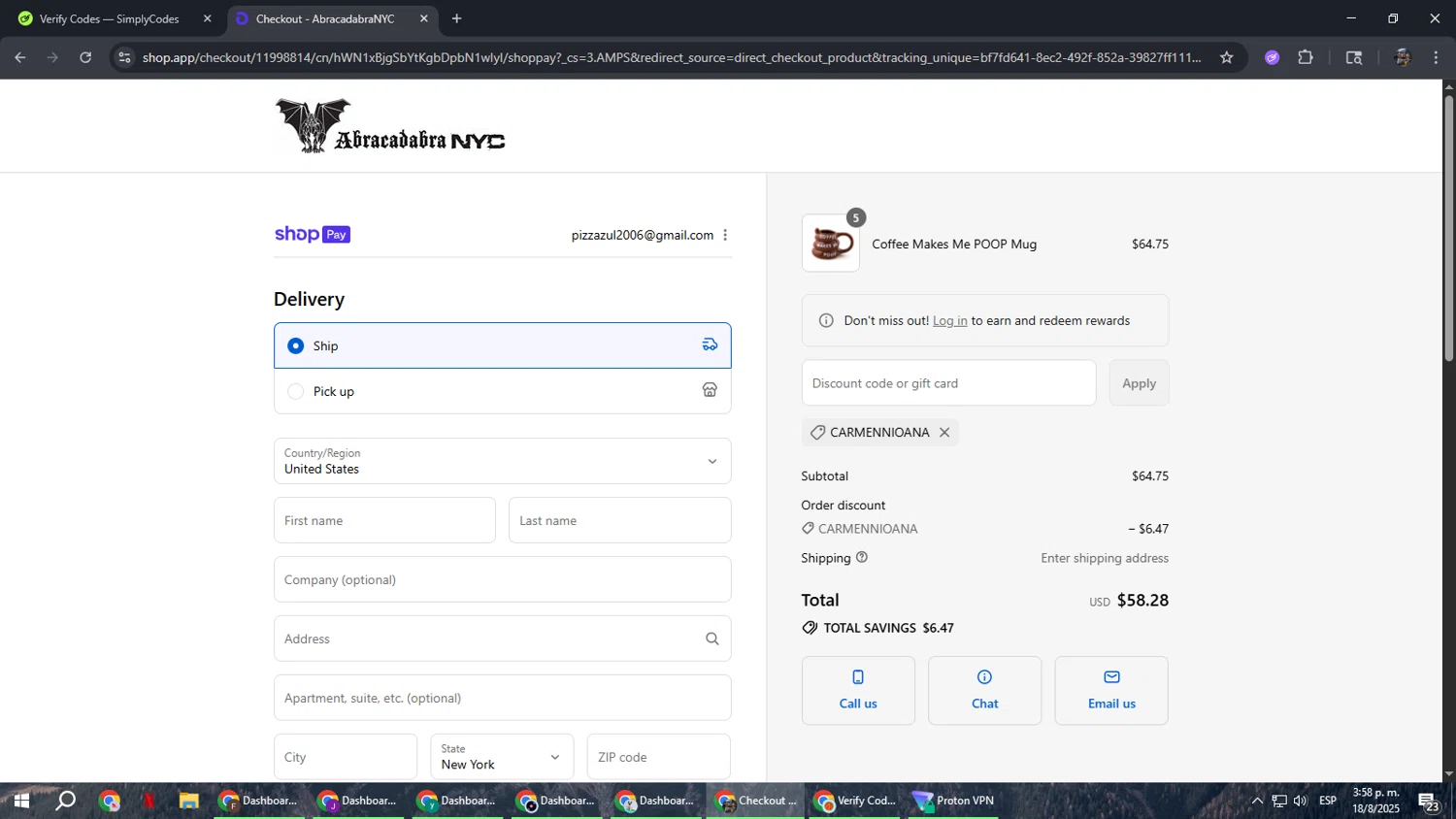 Abracadabra NYC discount code screenshot showing code CARMENNIOANA applied at Abracadabra NYC checkout page. Uploaded by SimplyCodes community member xxdddd on Aug 18, 2025