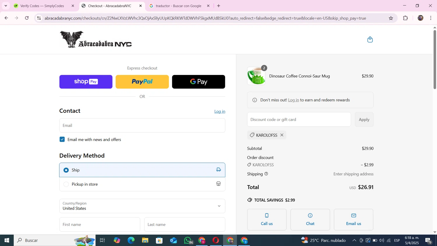 Abracadabra NYC discount code screenshot showing code KAROLOFSS applied at Abracadabra NYC checkout page. Uploaded by SimplyCodes community member andresito16 on Apr 5, 2025