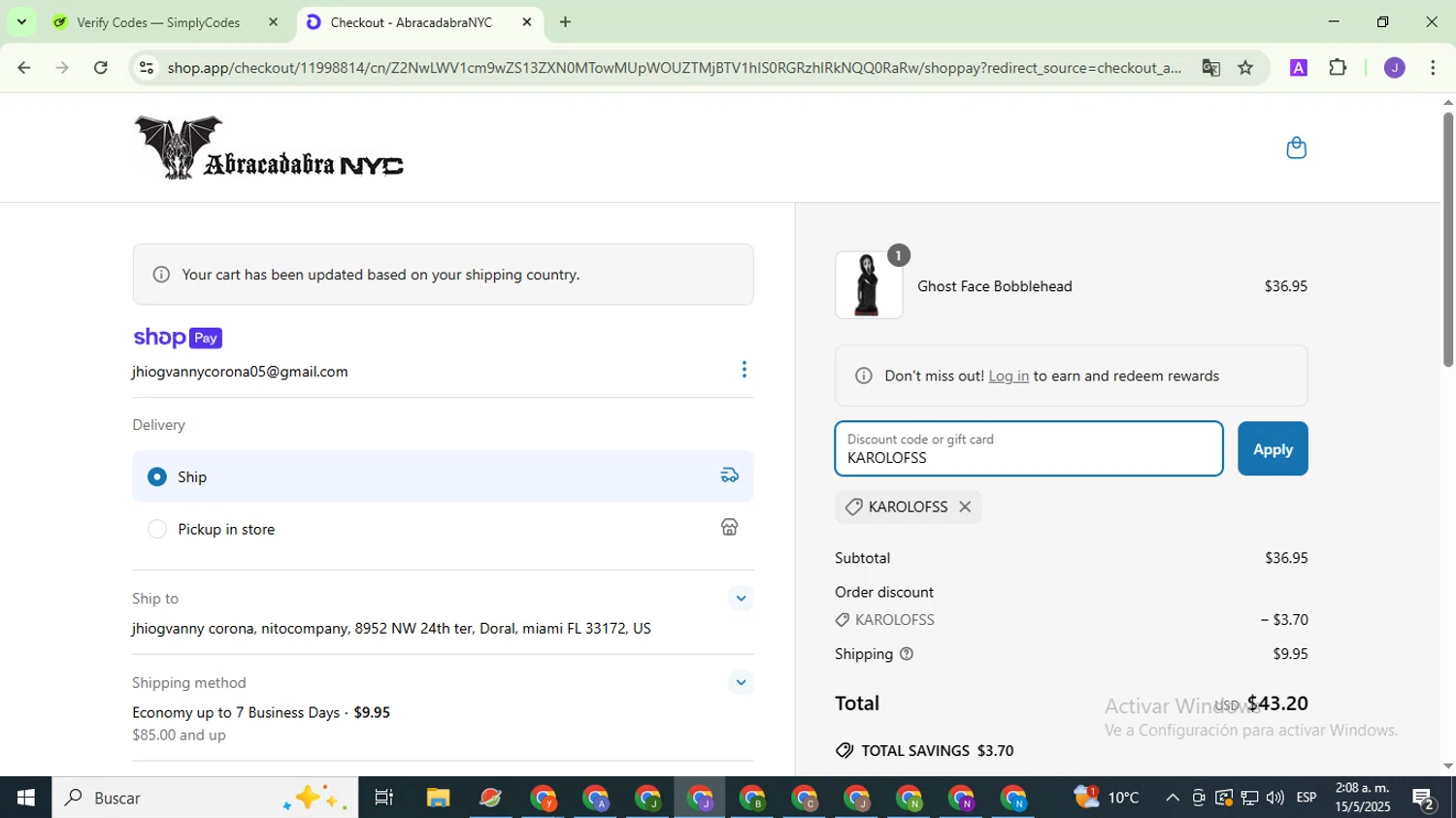 Abracadabra NYC discount code screenshot showing code KAROLOFSS applied at Abracadabra NYC checkout page. Uploaded by SimplyCodes community member PromoHunter9043 on May 15, 2025