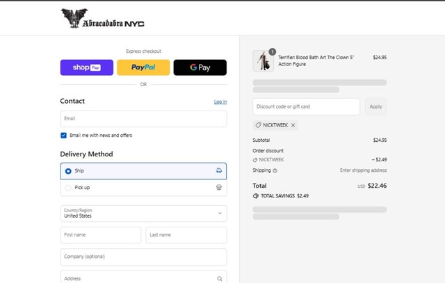 Abracadabra NYC checkout page showing Abracadabra NYC discount code box | Screenshot taken by SimplyCodes community member on Aug 27, 2025