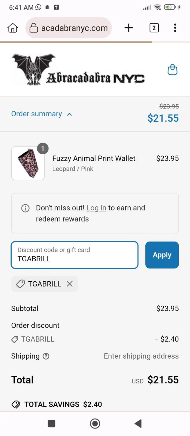 Abracadabra NYC discount code screenshot showing code TGABRILL applied at Abracadabra NYC checkout page. Uploaded by SimplyCodes community member Kuromii_05 on Apr 5, 2025