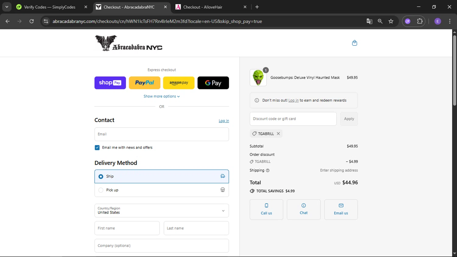 Abracadabra NYC discount code screenshot showing code TGABRILL applied at Abracadabra NYC checkout page. Uploaded by SimplyCodes community member satoru on Aug 1, 2025