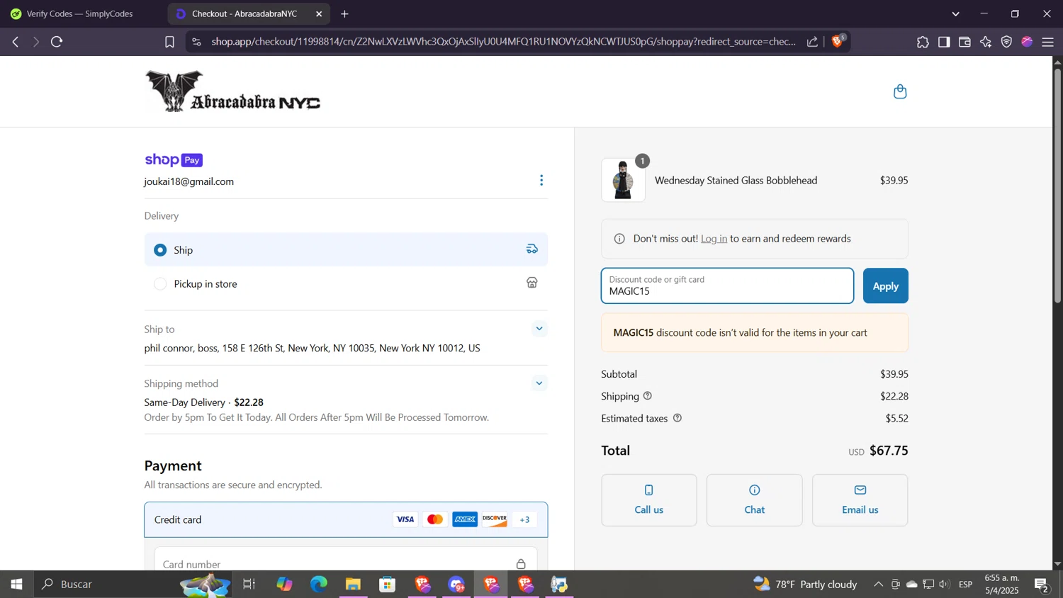 Abracadabra NYC discount code screenshot showing code MAGIC15 applied at Abracadabra NYC checkout page. Uploaded by SimplyCodes community member Despechao on Apr 5, 2025