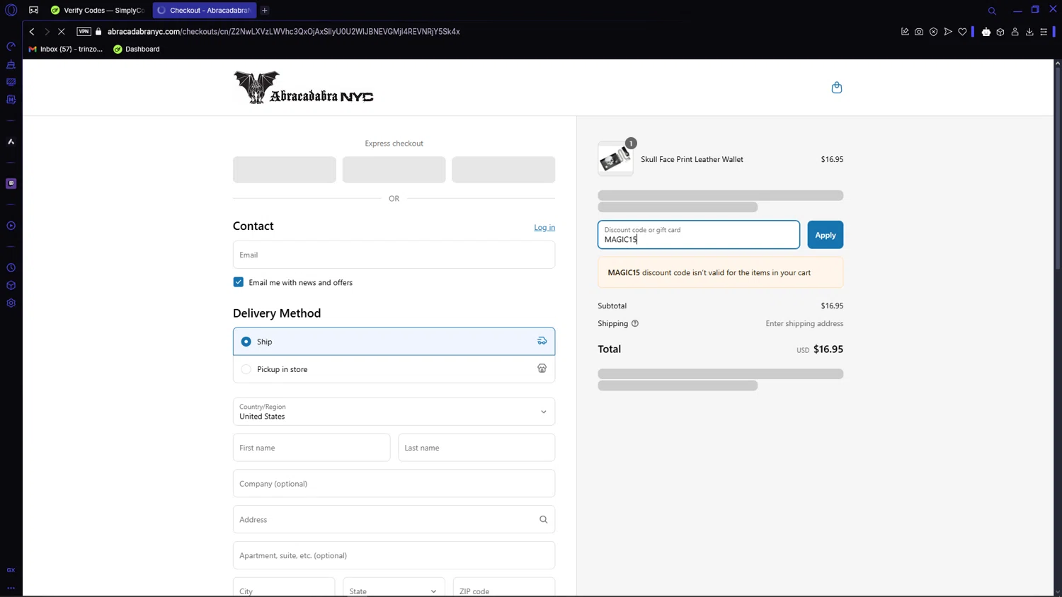 Abracadabra NYC discount code screenshot showing code MAGIC15 applied at Abracadabra NYC checkout page. Uploaded by SimplyCodes community member VictoriousCaptain3902 on Apr 5, 2025