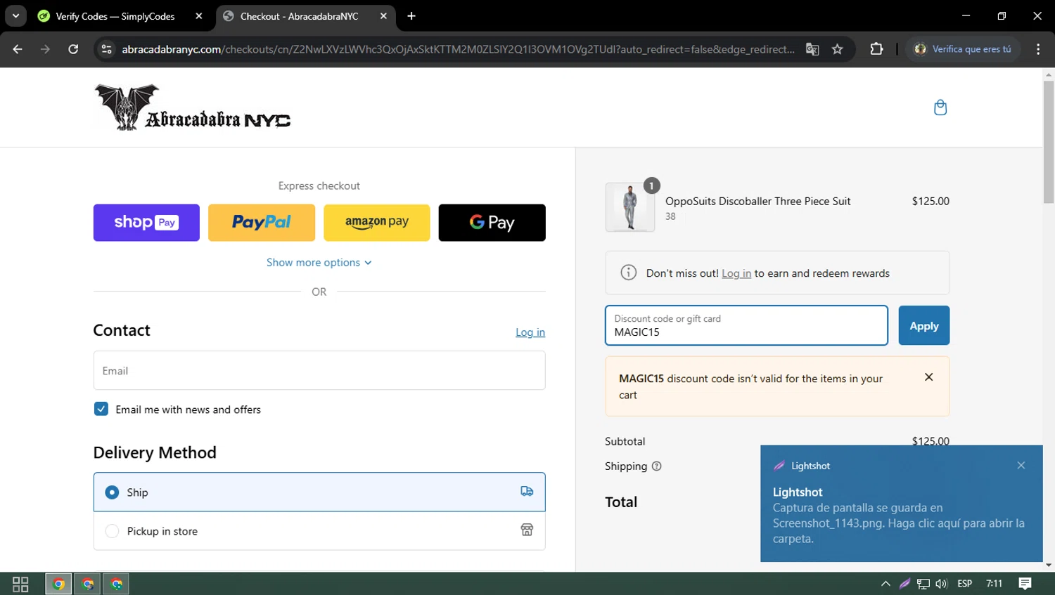 Abracadabra NYC discount code screenshot showing code MAGIC15 applied at Abracadabra NYC checkout page. Uploaded by SimplyCodes community member osquitarivas on Feb 8, 2025