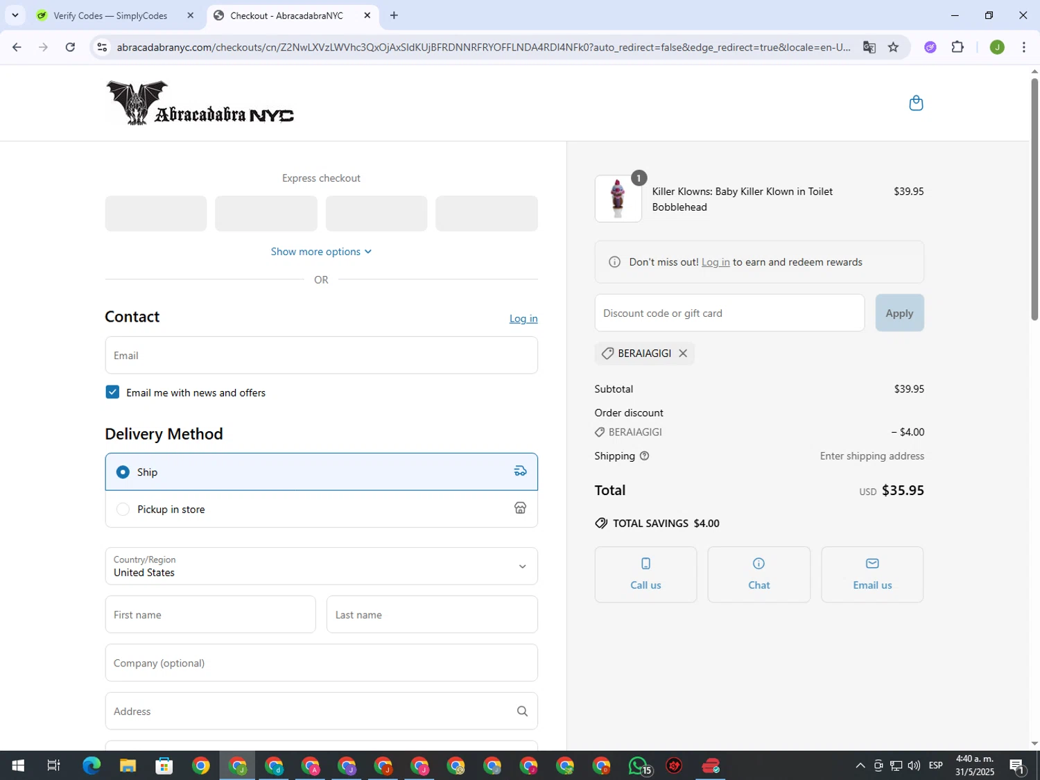 Abracadabra NYC discount code screenshot showing code BERAIAGIGI applied at Abracadabra NYC checkout page. Uploaded by SimplyCodes community member MightyFinder1041 on May 31, 2025