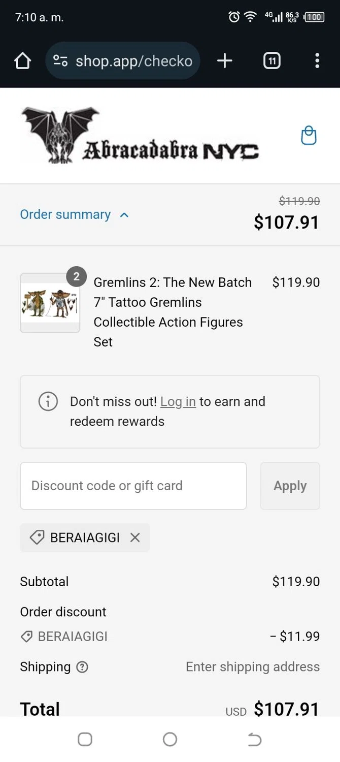 Abracadabra NYC discount code screenshot showing code BERAIAGIGI applied at Abracadabra NYC checkout page. Uploaded by SimplyCodes community member Pitochu on Feb 24, 2025