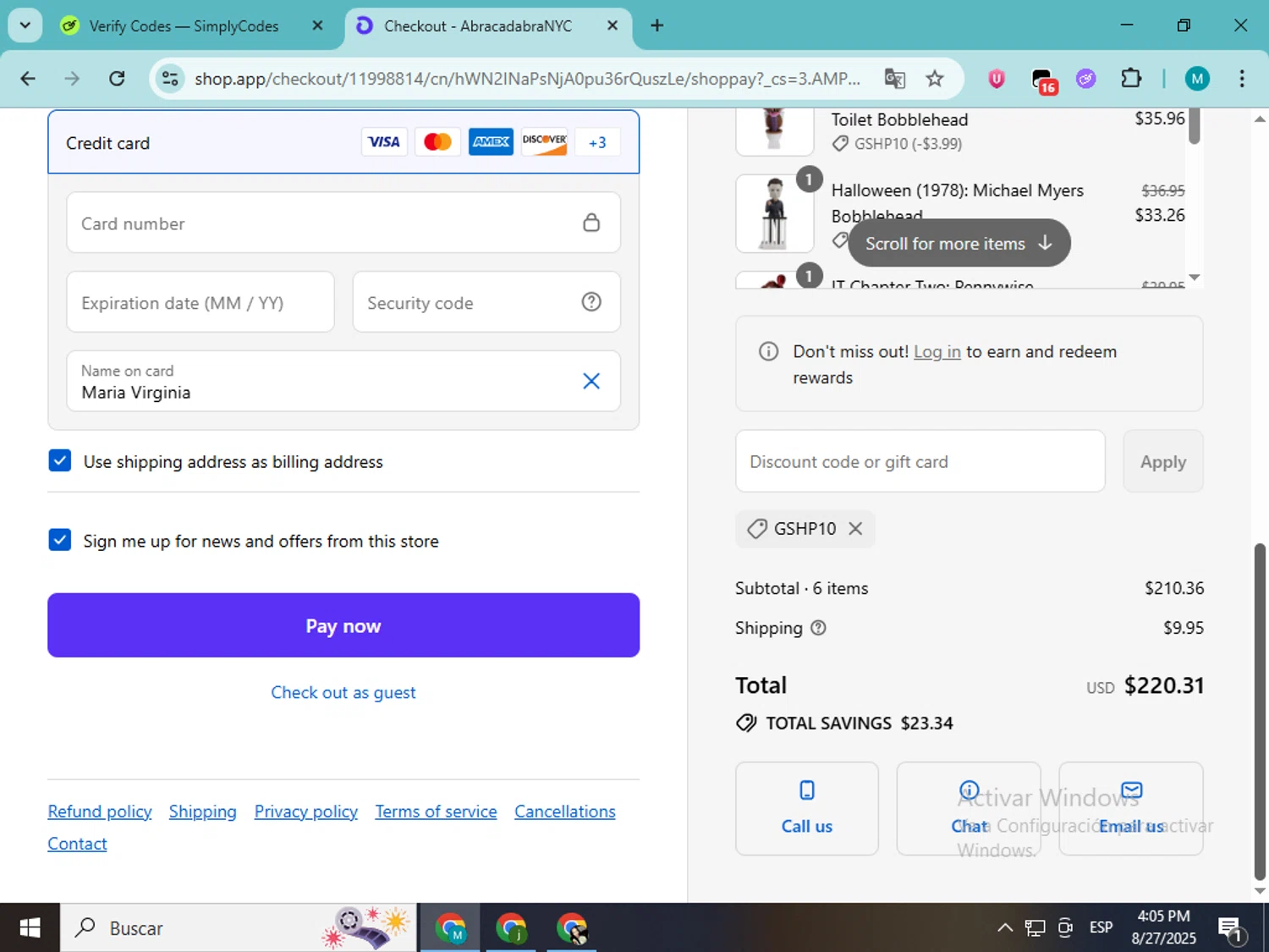 Abracadabra NYC discount code screenshot showing code GSHP10 applied at Abracadabra NYC checkout page. Uploaded by SimplyCodes community member estrellaveloz on Aug 27, 2025