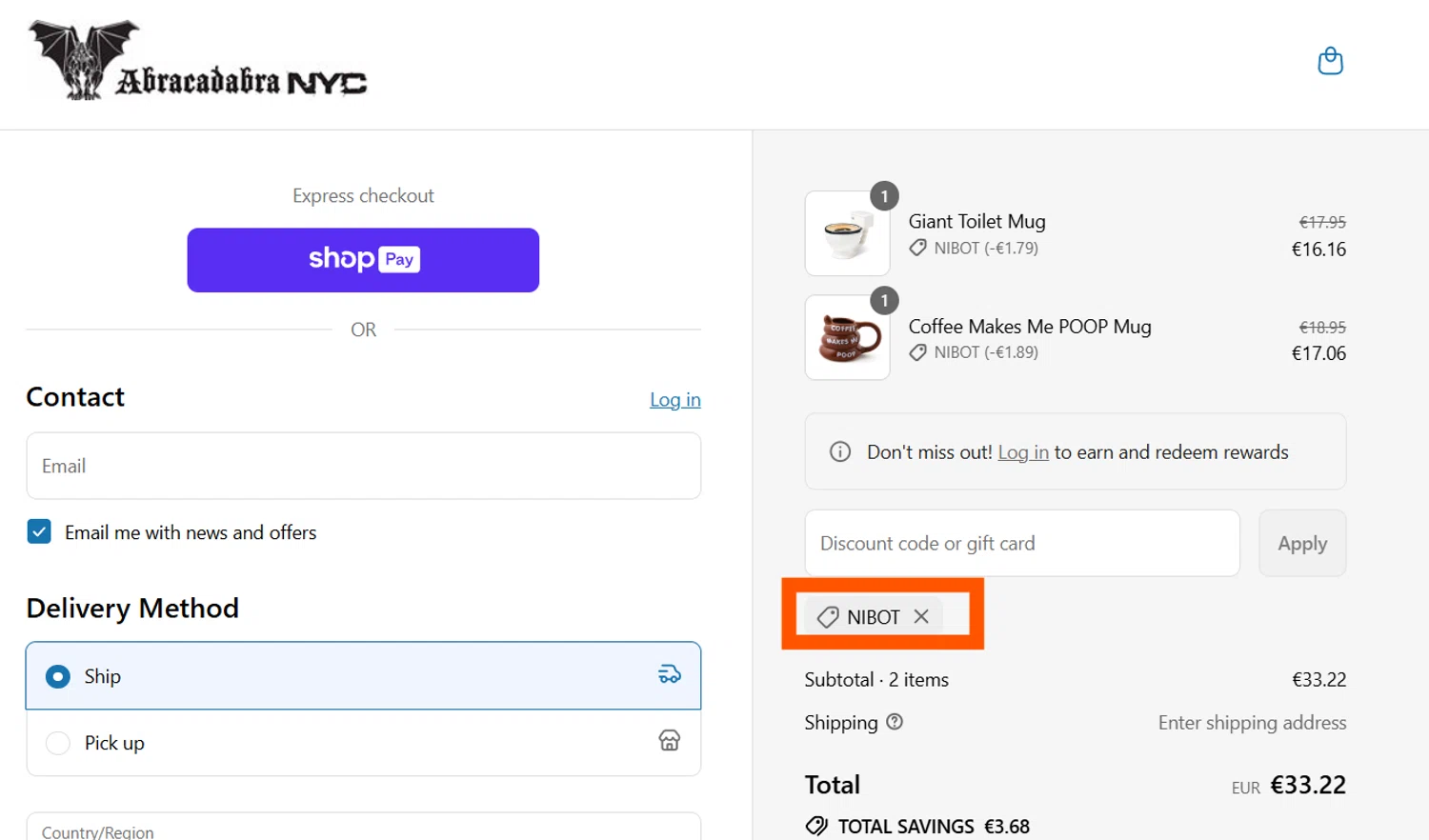 Abracadabra NYC discount code screenshot showing code NIBOT applied at Abracadabra NYC checkout page. Uploaded by SimplyCodes community member CleverSentinel4477 on Jul 30, 2025
