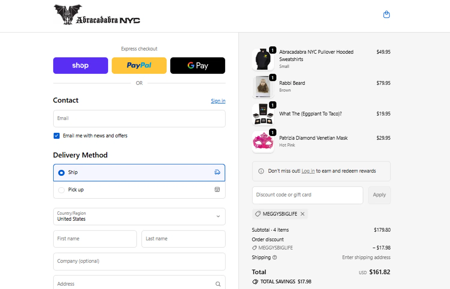 Abracadabra NYC promo code screenshot showing code MEGGYSBIGLIFE applied at Abracadabra NYC checkout page. Uploaded by SimplyCodes community member SweetJireh on Feb 12, 2026